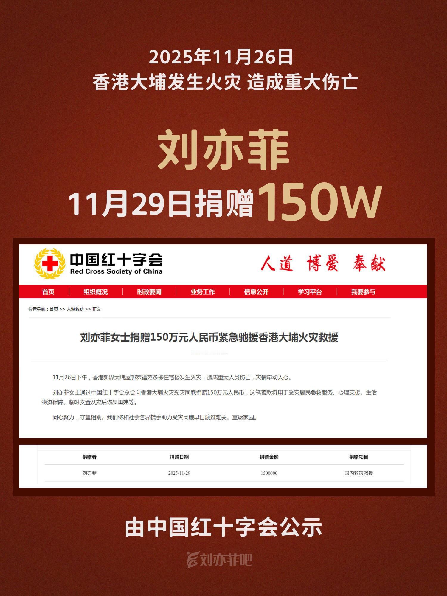 刘亦菲低调捐150个w驰援HK经由中国红十字会官网公示，刘亦菲 已于2025年1