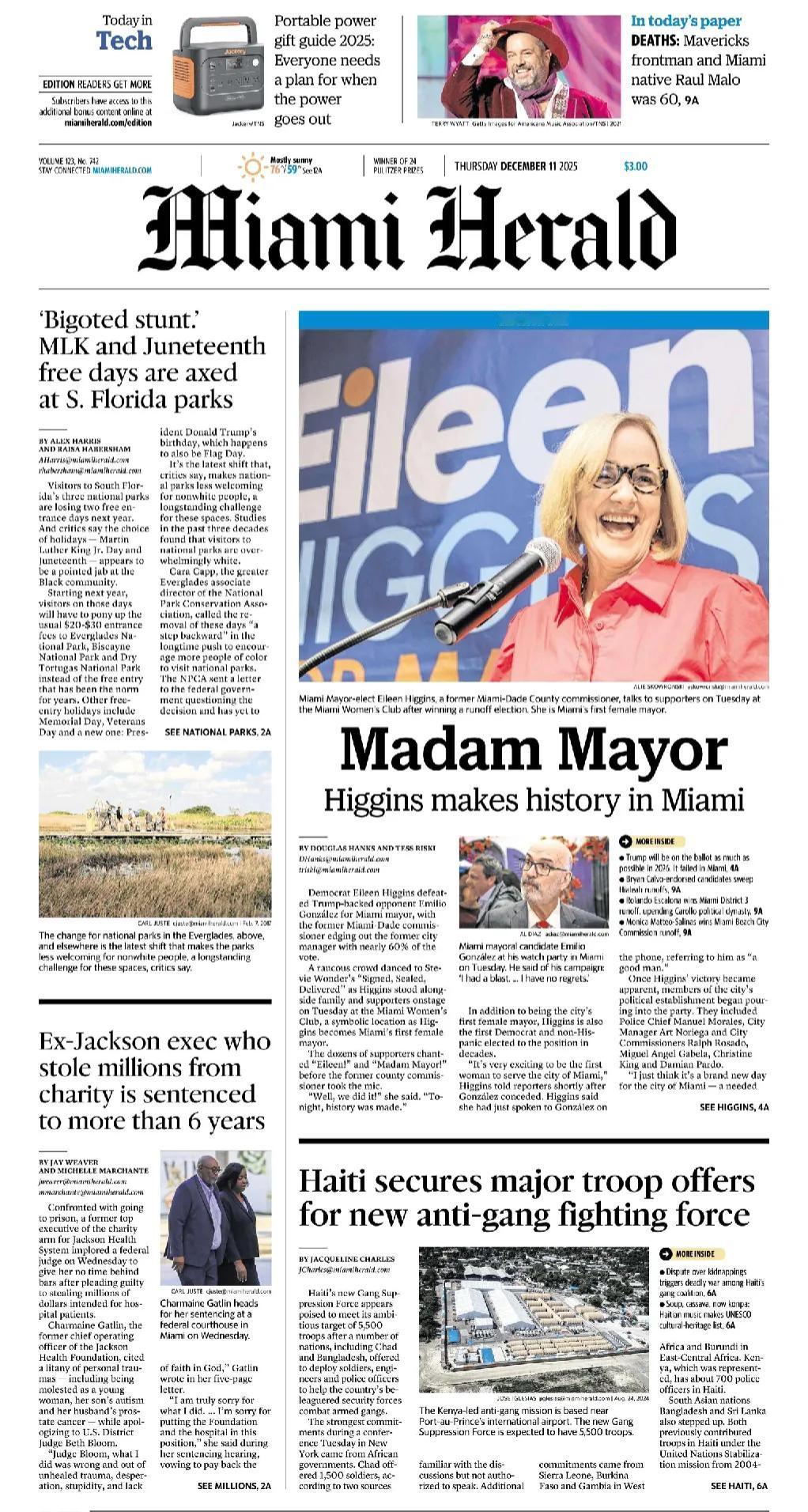 特朗普的家乡海湖庄园所在迈阿密市长已经“改朝换代”。
《迈阿密先驱报》头版报道称