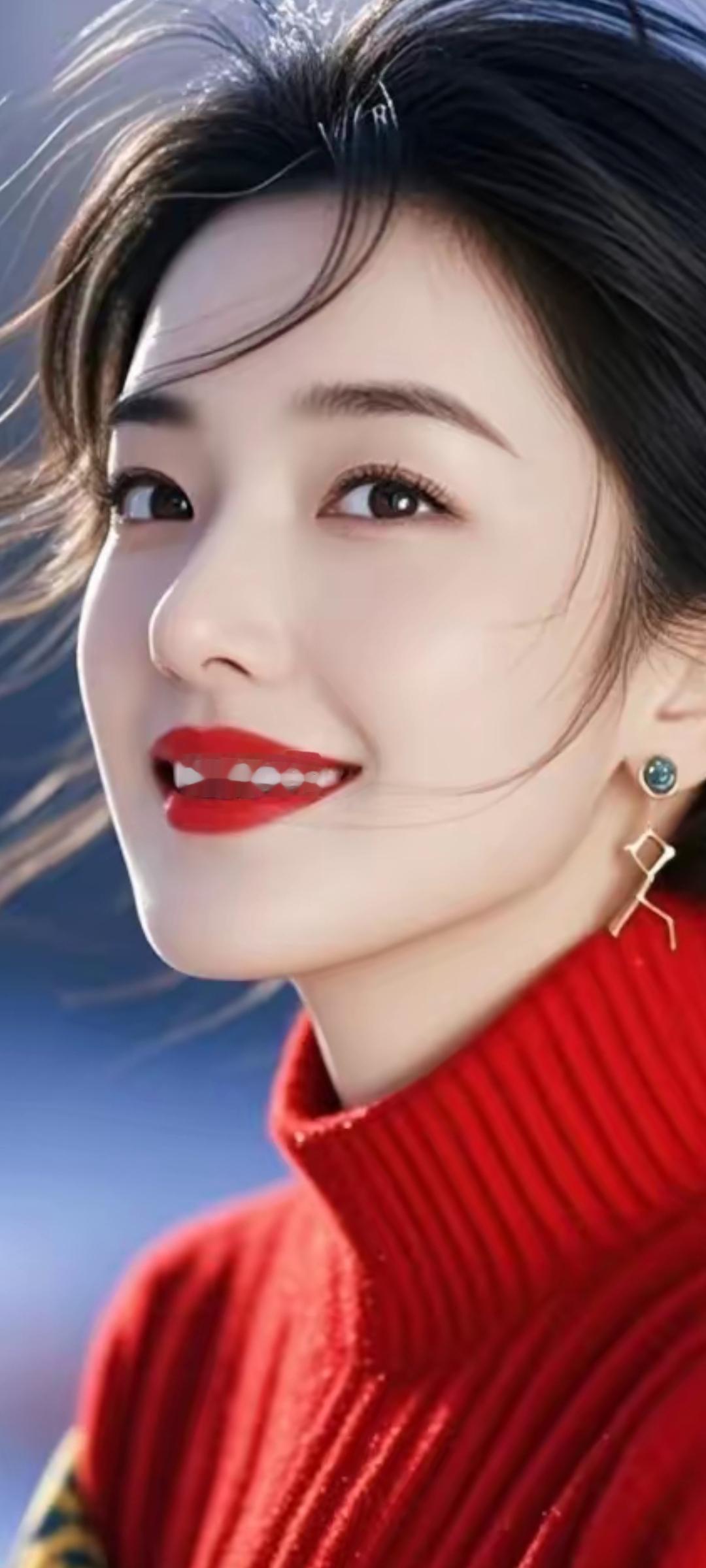冬日暖阳下的甜美笑容，红衣与耳环的完美搭配，尽显优雅与时尚！🌞💄👗