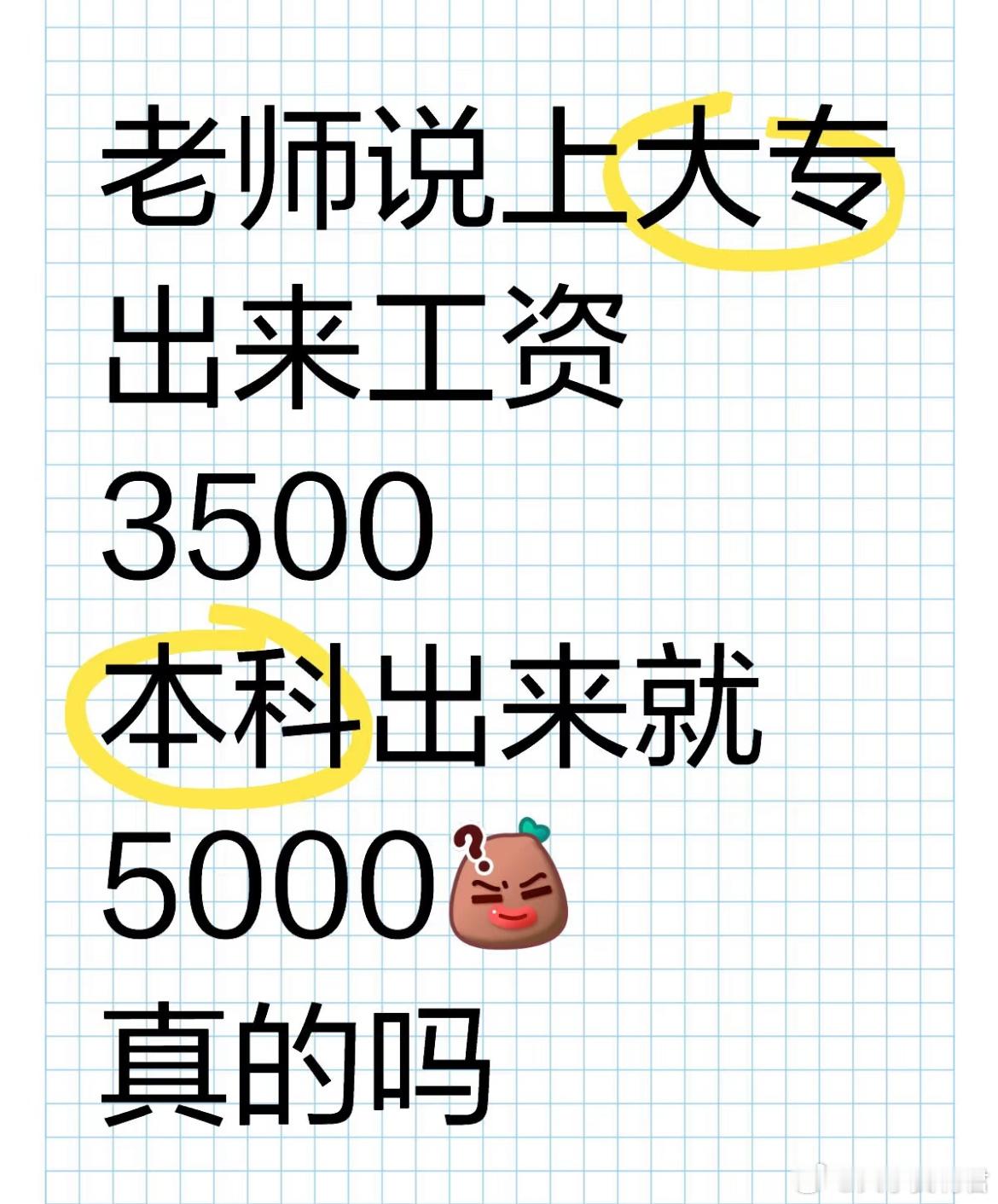 老师说上大专出来工资3500本科出来就5000真的吗？ ​​​