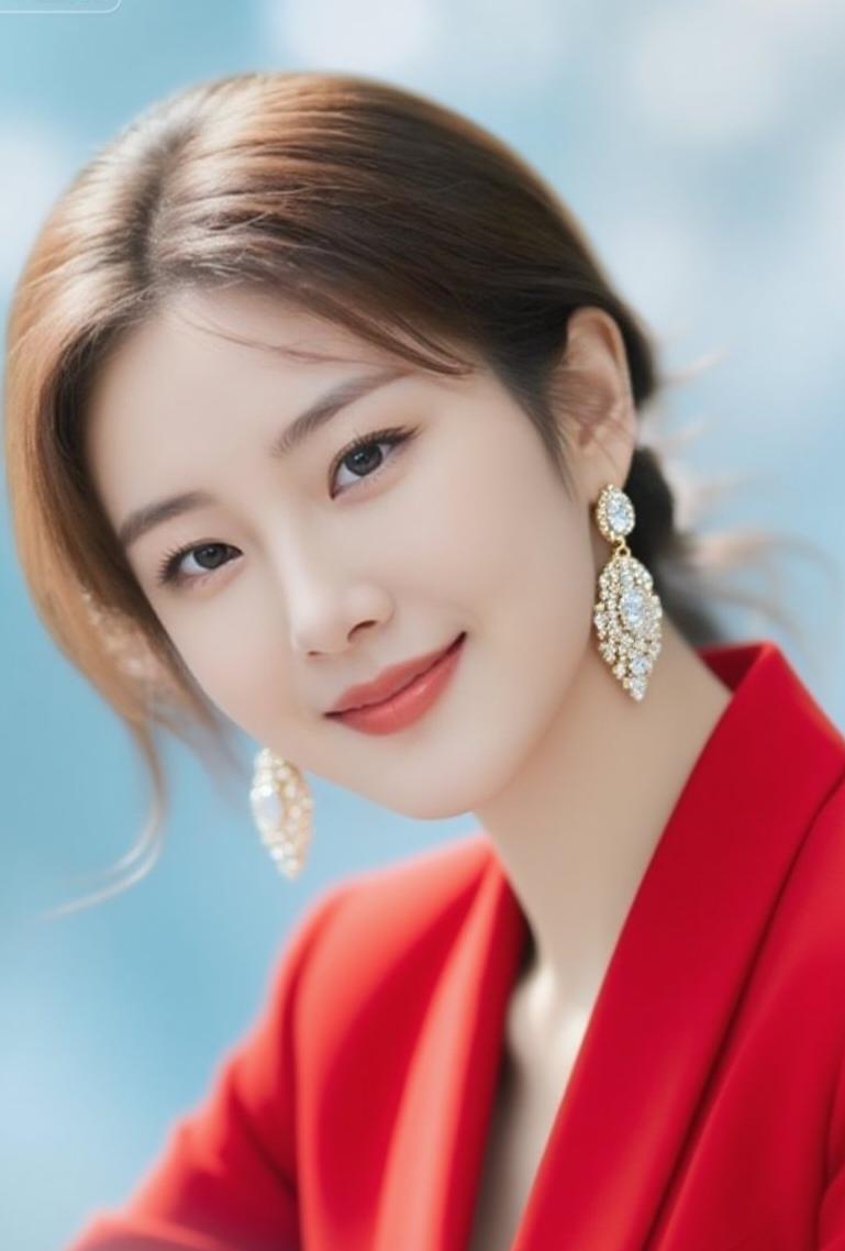 优雅红衣少女，闪耀耳环点缀，甜美笑容动人！💖✨