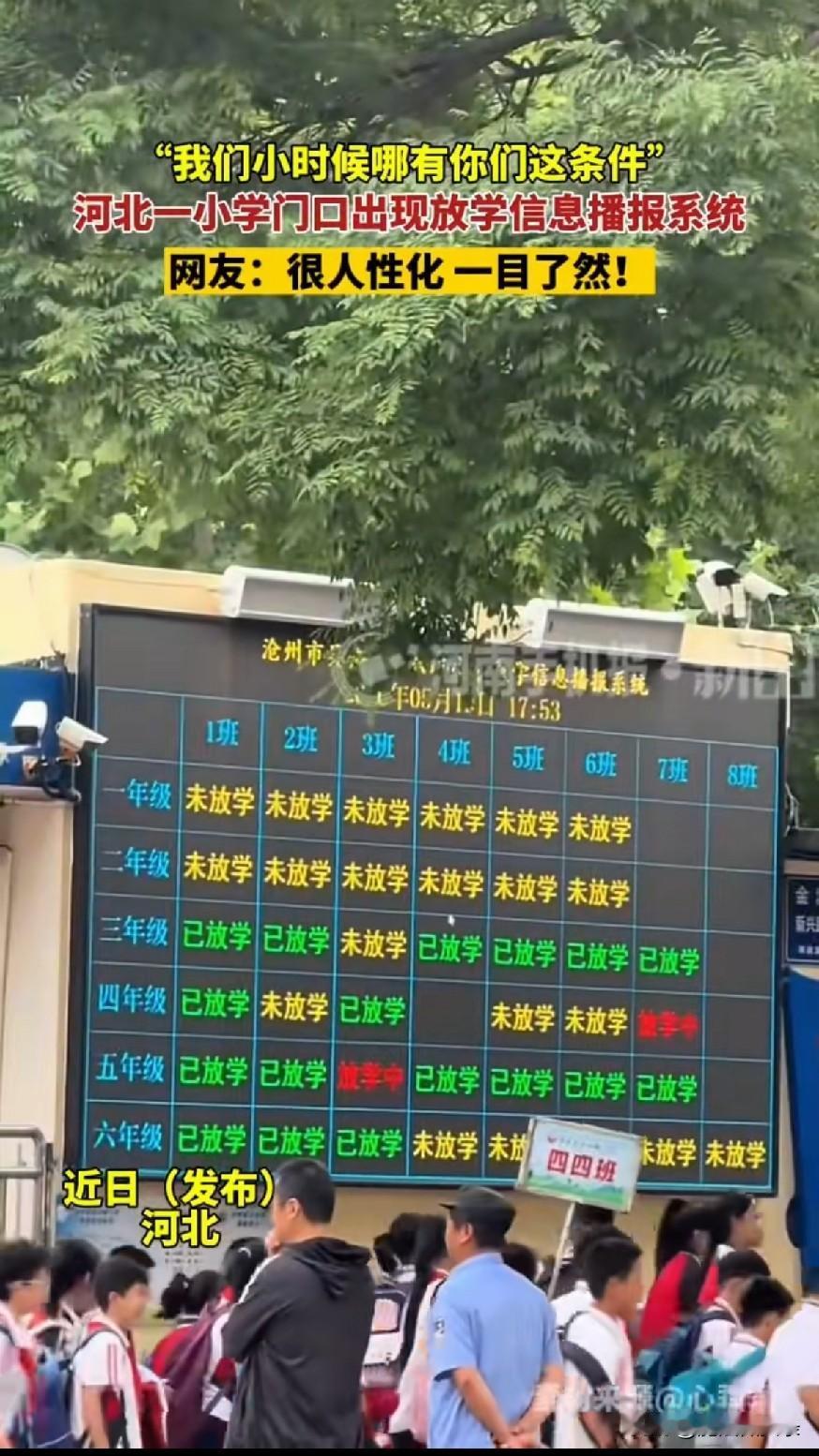 “我们小时候哪有你们这条件
河北一小学门口出现放学信息播报系统网友：很人性化一目