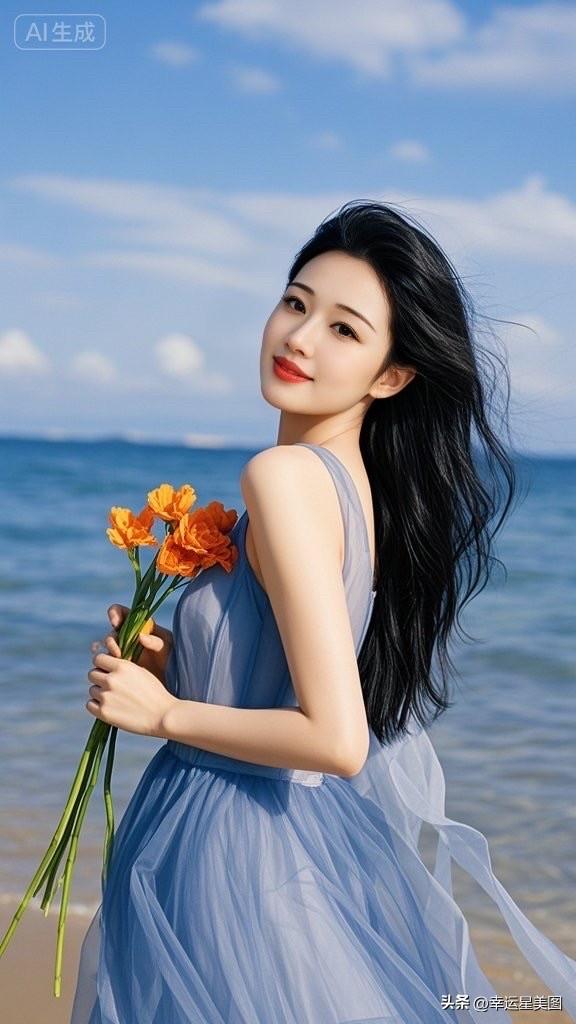 海边漫步，轻纱飘逸，花束相伴，少女心满满