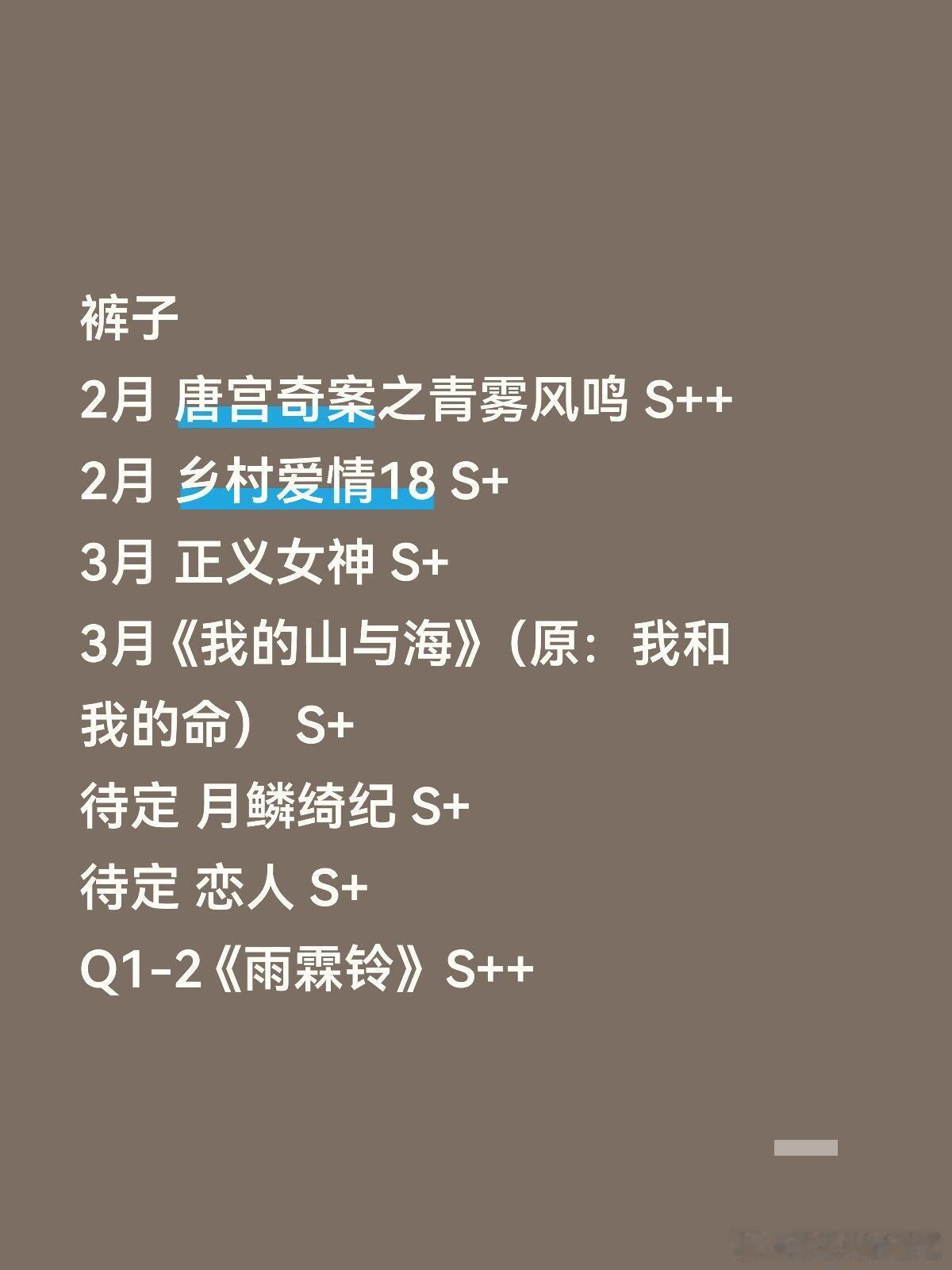 裤子2月 唐宫奇案之青雾风鸣 S++2月 乡村爱情18 S+3月 正义女神 S+