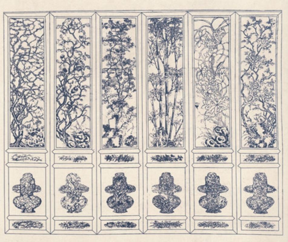 图一样式雷四季花卉碧纱橱纸样，可以看到底部裙板上还有花篮装饰，养心殿后殿西耳房燕