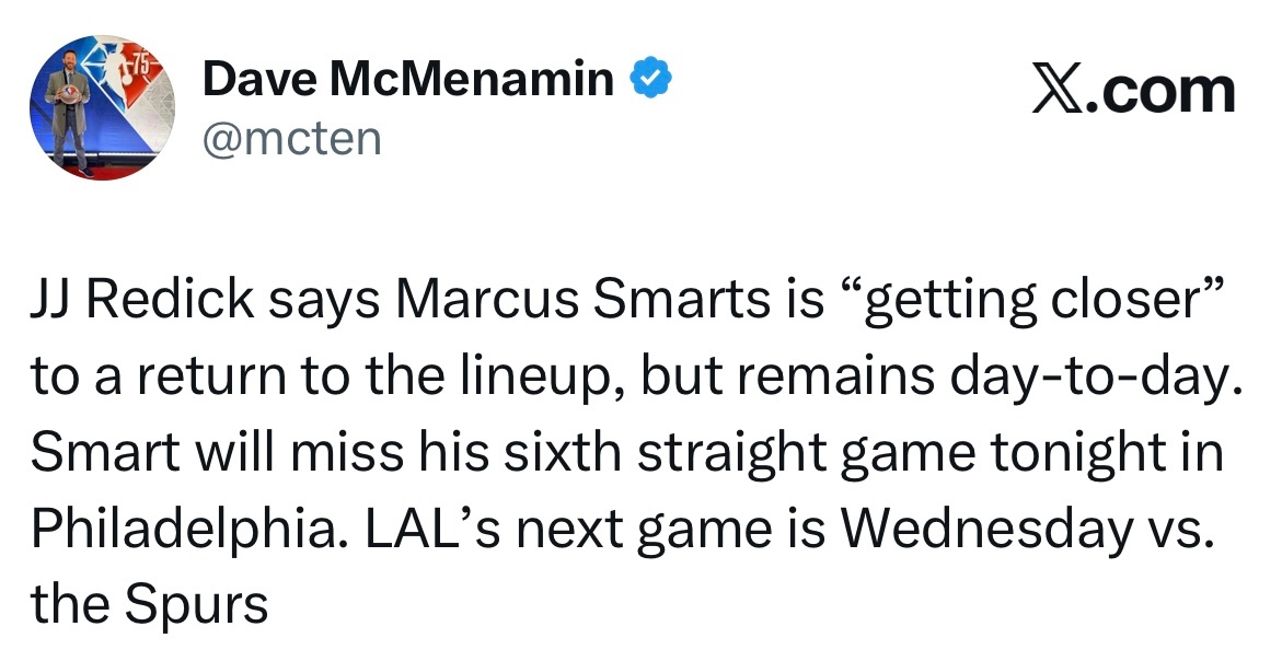 雷迪克表示，斯玛特今天不打，但是Soon。希望打马刺复出。 