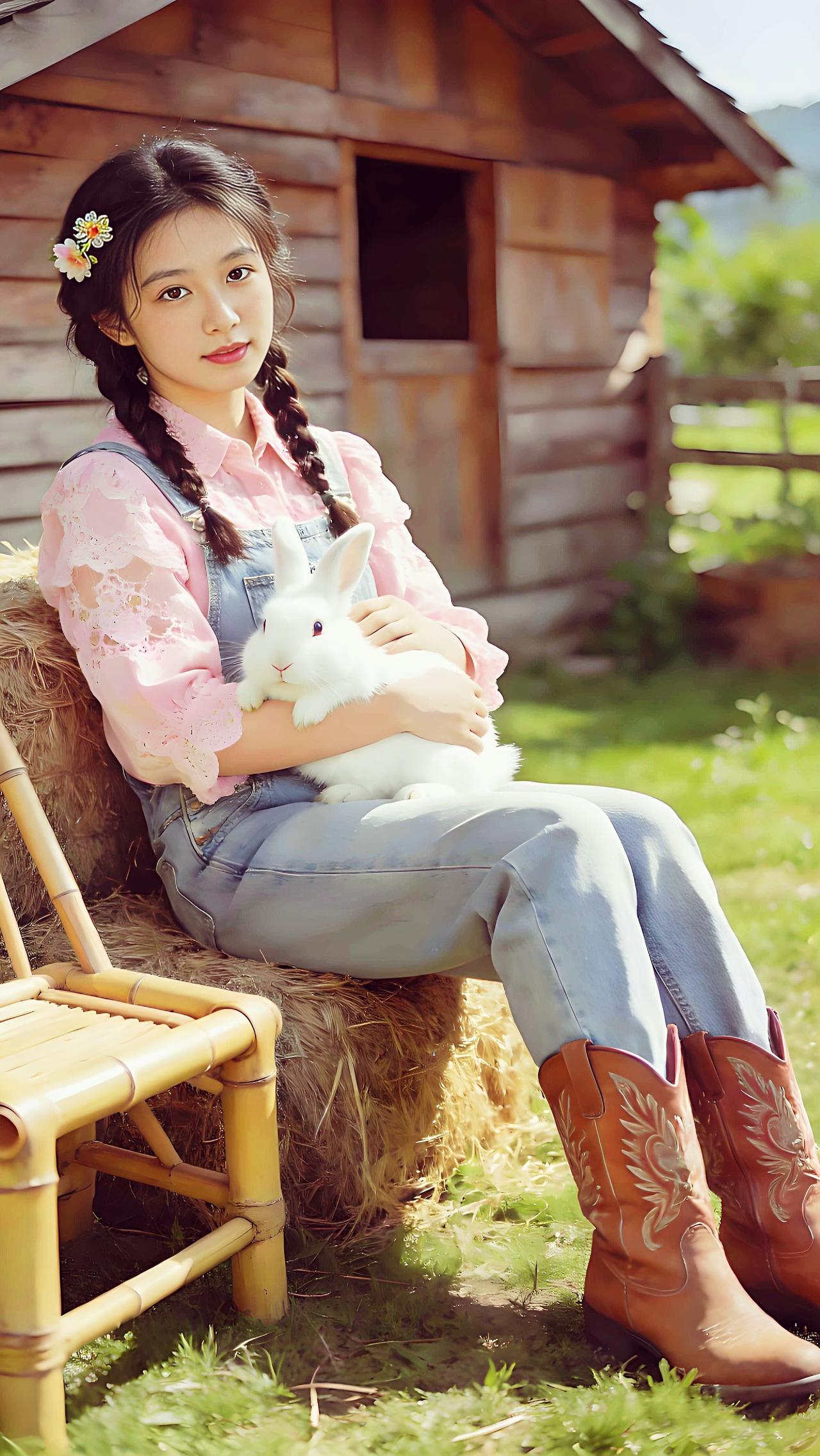 花辫抱白兔，田园风日暖