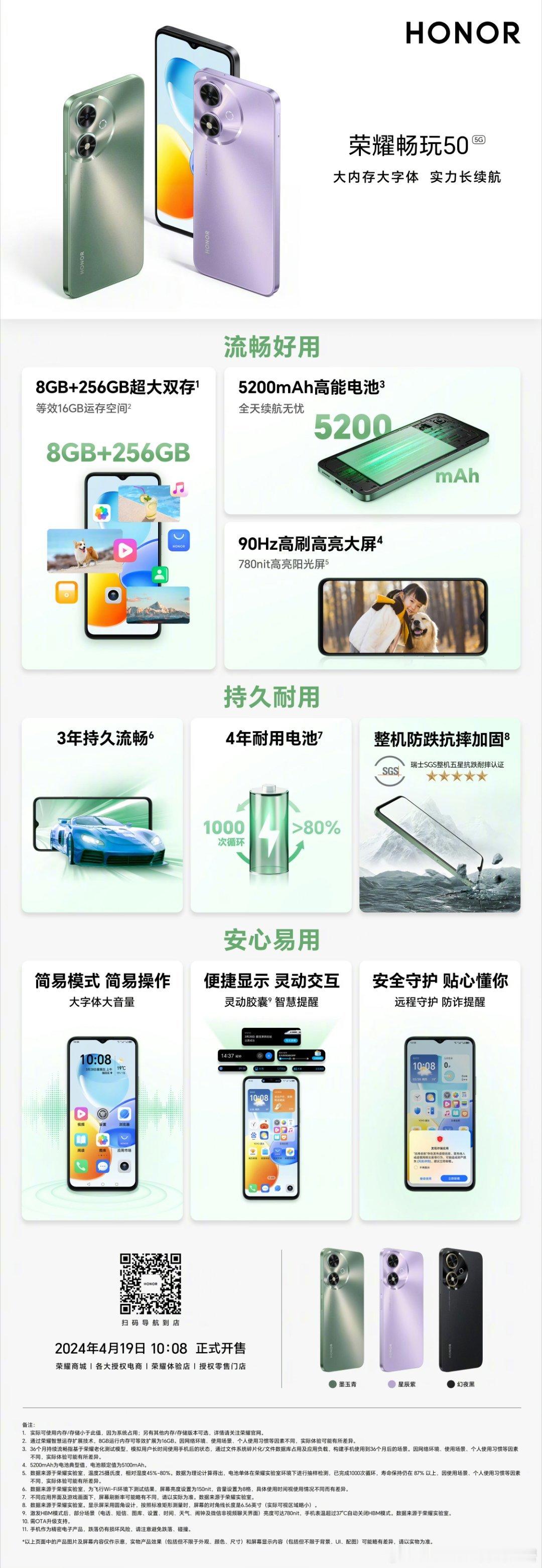 一图读懂长续航大内存，实力在线的#荣耀畅玩50#，整机抗摔耐磨从容应对各种磕碰，