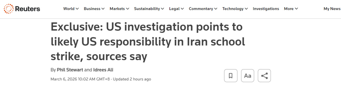 尽管境内殖p还在四处散步“学校是伊朗导弹掉下来砸的”的洗脑表情包，但NYT和路透