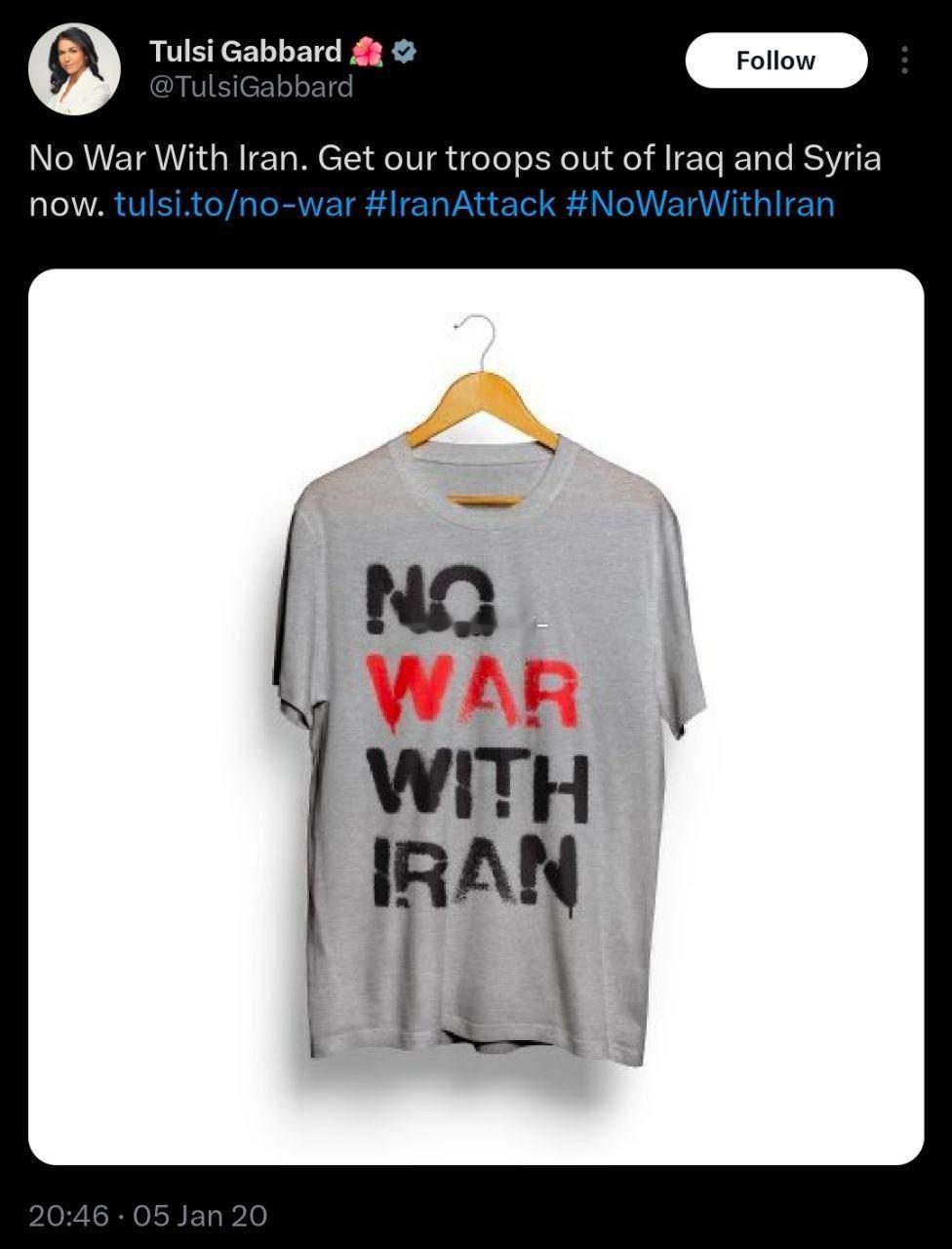 图尔西·加巴德，美国国家情报总监。她在职业生涯中长期反对干预主义，曾是《不与伊朗