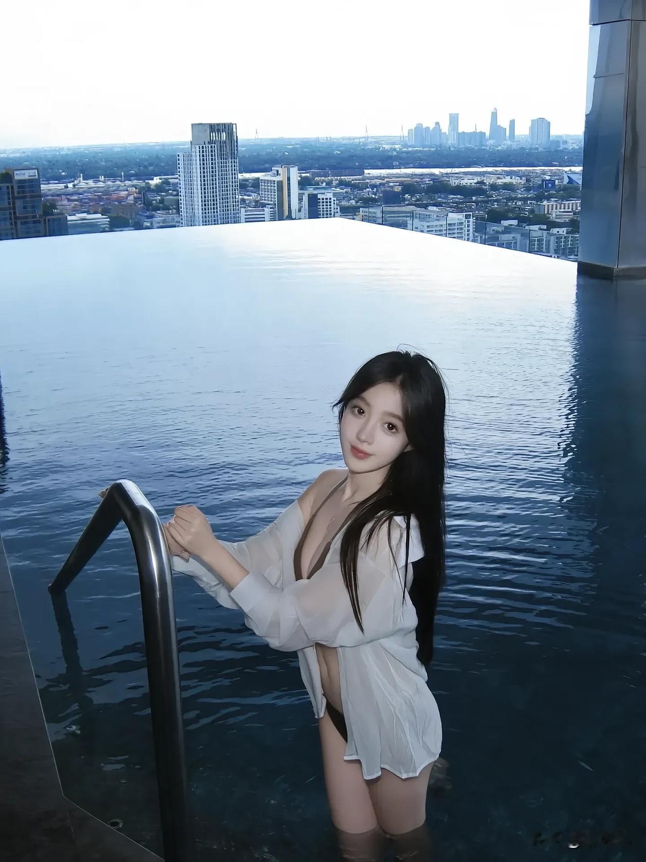 池边美人倚，水映碧空长。