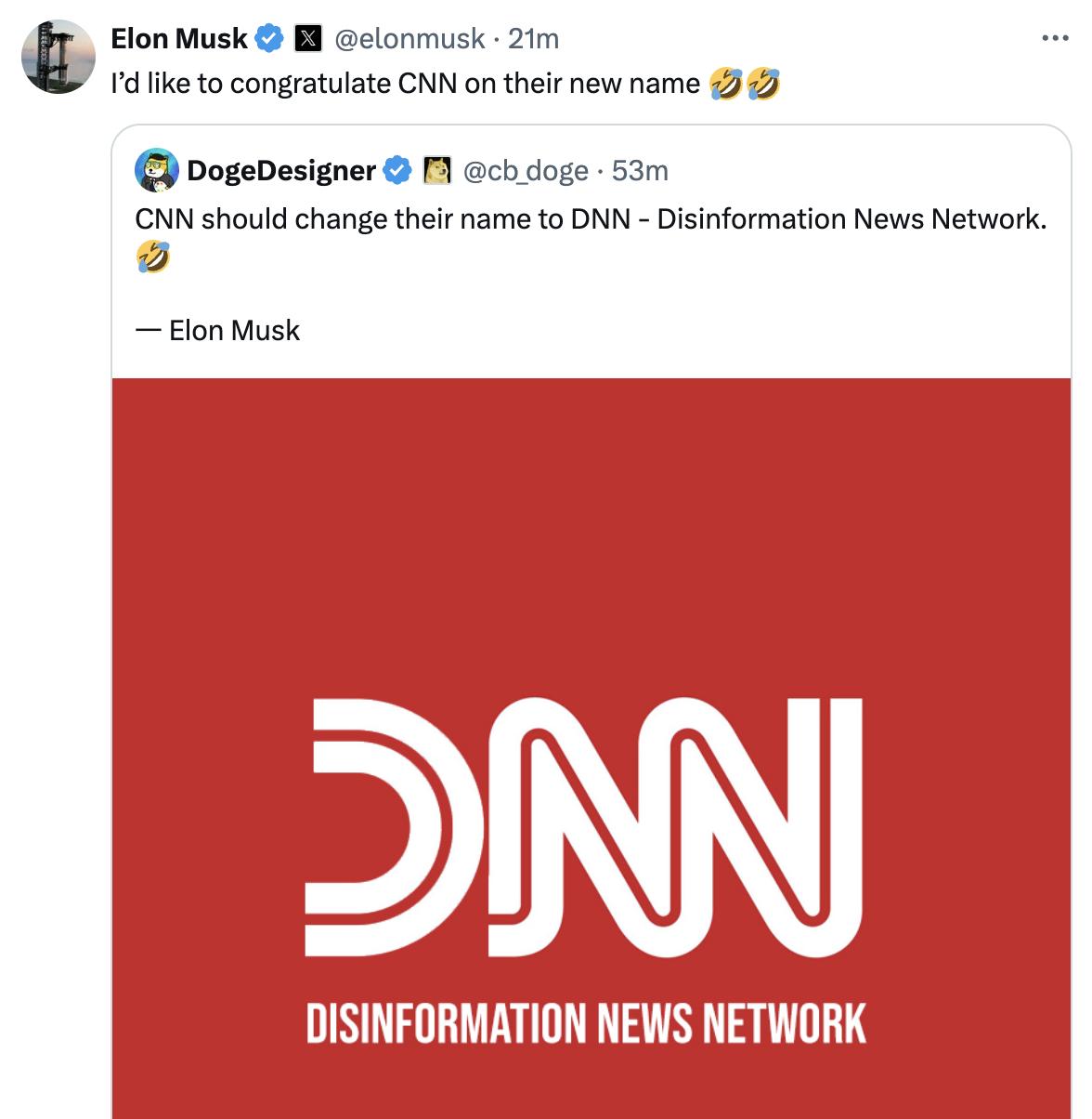 埃隆·马斯克在推特上嘲讽 CNN，称其应该更名为“DNN——假新闻网络（Disi