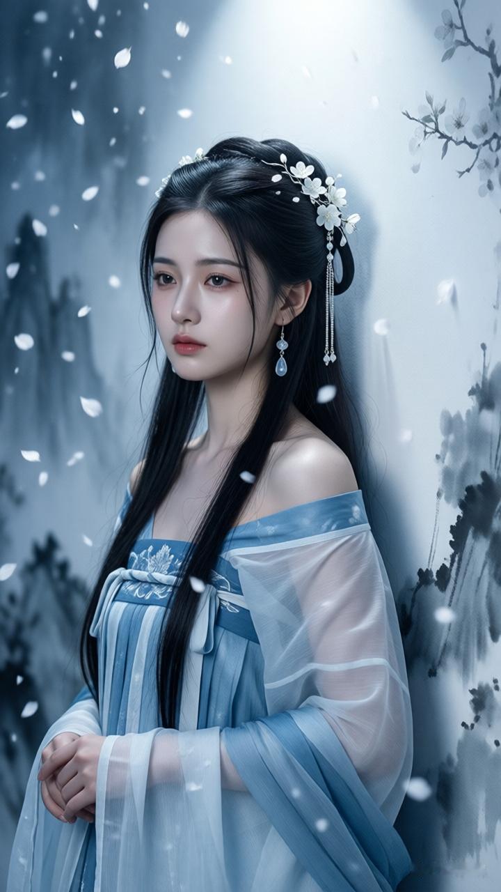仙气飘飘的古风美人，雪中静立，宛如画中仙子。