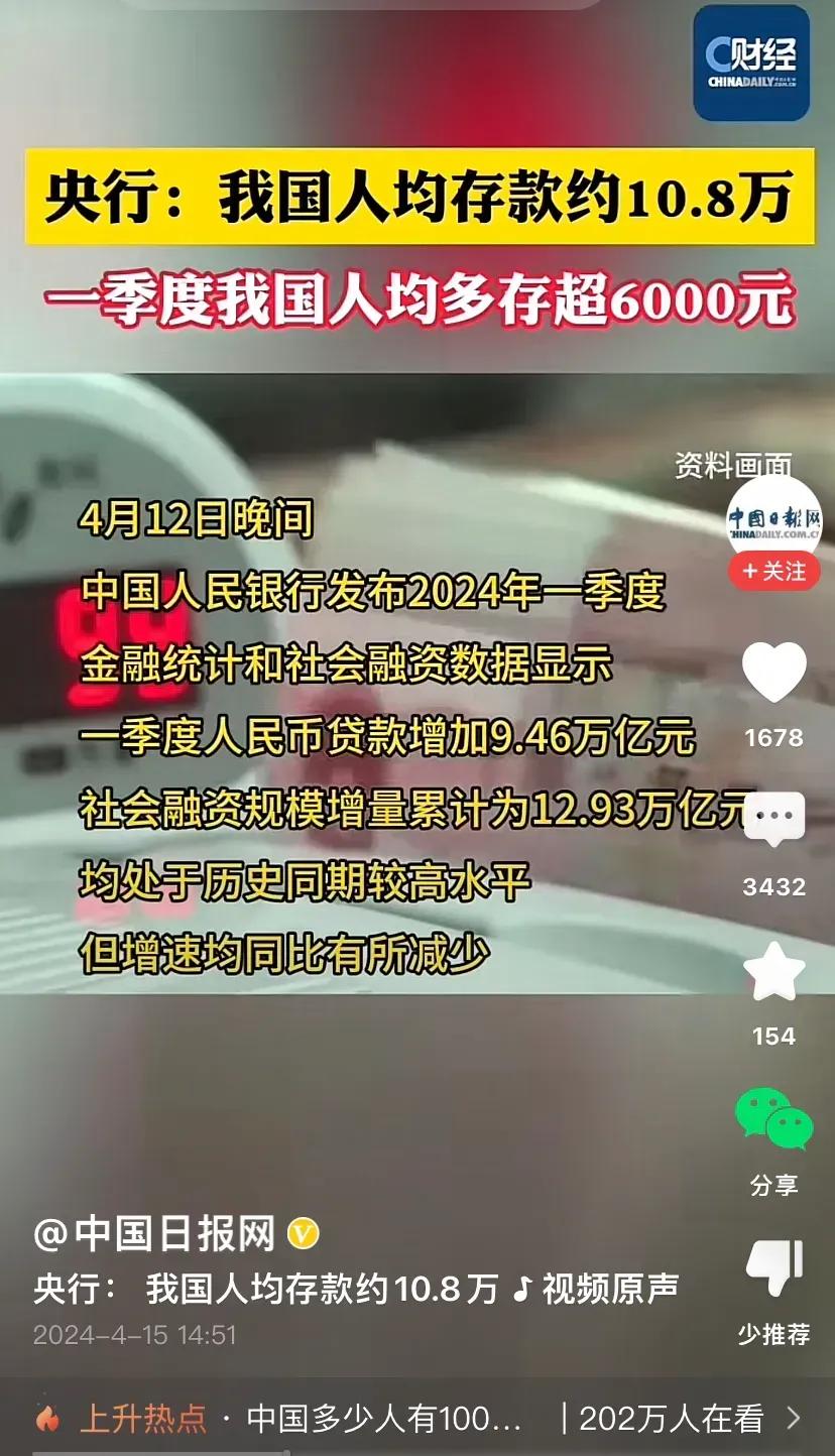 央行报告：我国人均存款约10.8万，住户存款余额151.8万亿！网友：原来我们都
