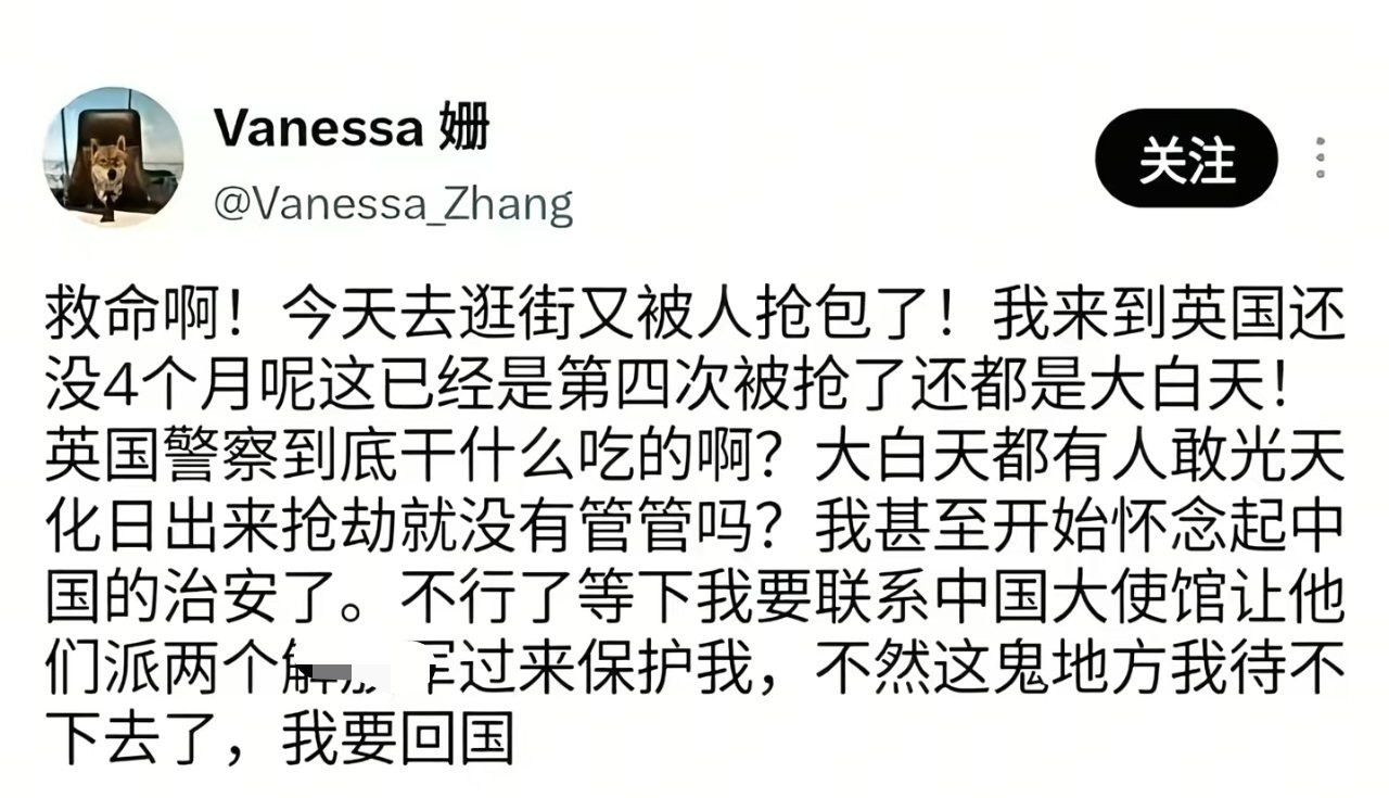 呵呵呵呵，润人卖车卖房子，跑到英国去了，结果被抢的心态崩了，说开始怀念在中国的治