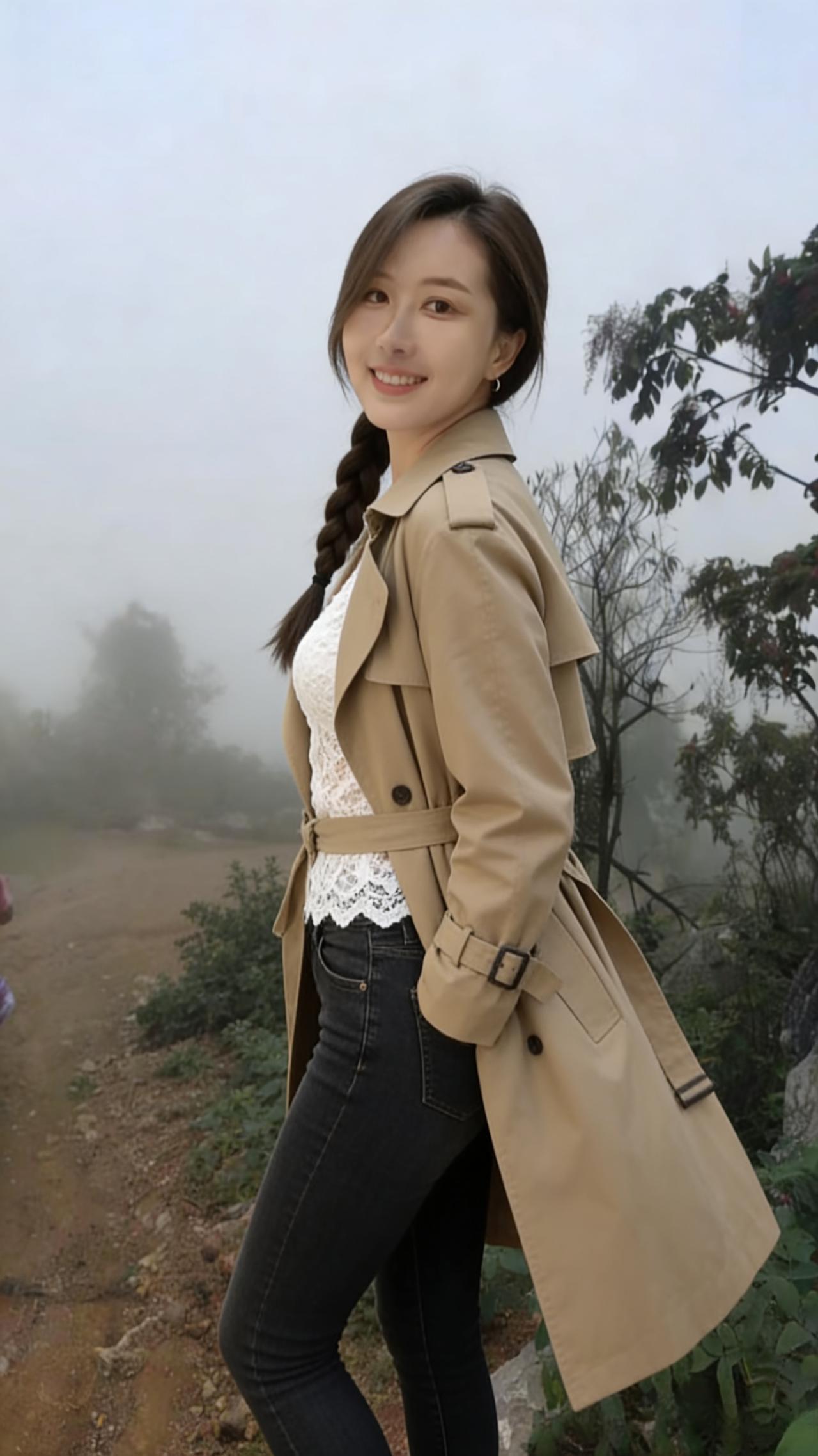 雾锁青山道，风牵素袂轻。
麻花垂玉颈，笑靥破云屏。
野径埋幽草，寒林隐晓莺。
行