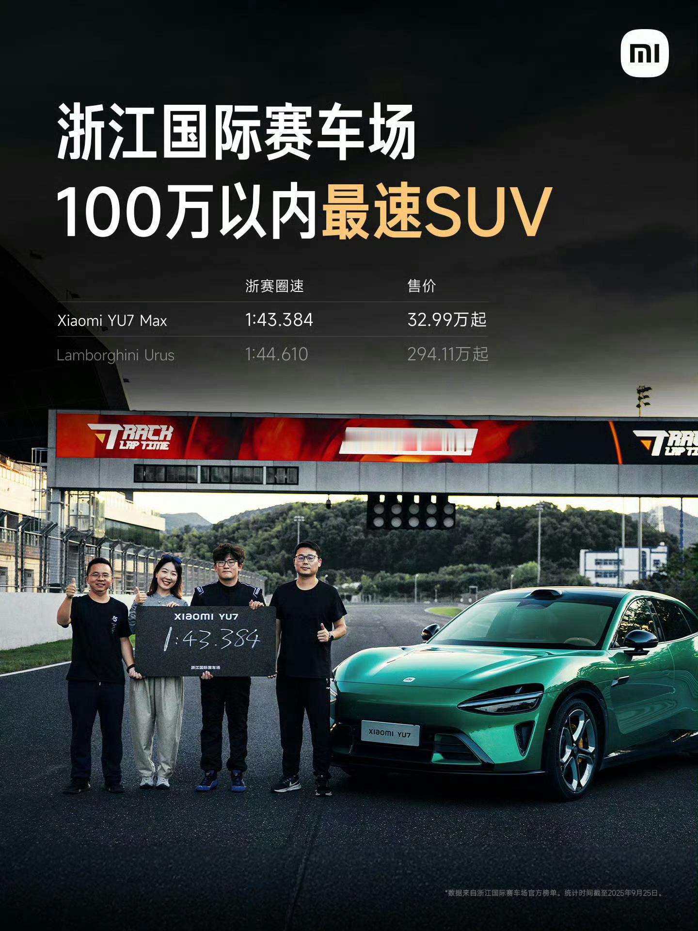 小米YU7 GT拿下浙赛首个自动驾驶圈速纪录，成绩1:49.434只比YU7 M