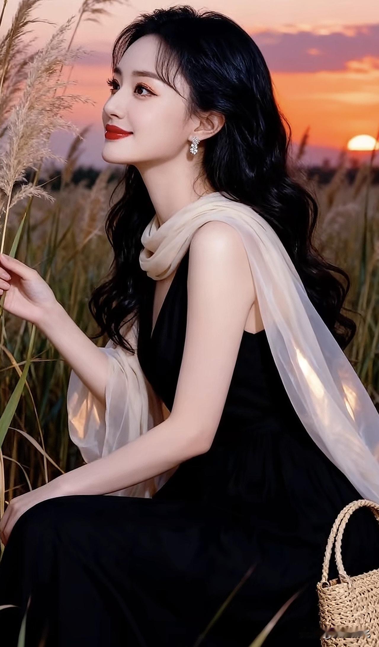 夕阳下的温柔时光，黑裙与米色围巾的优雅搭配，感受自然的宁静与美好。棕色丝巾 知性