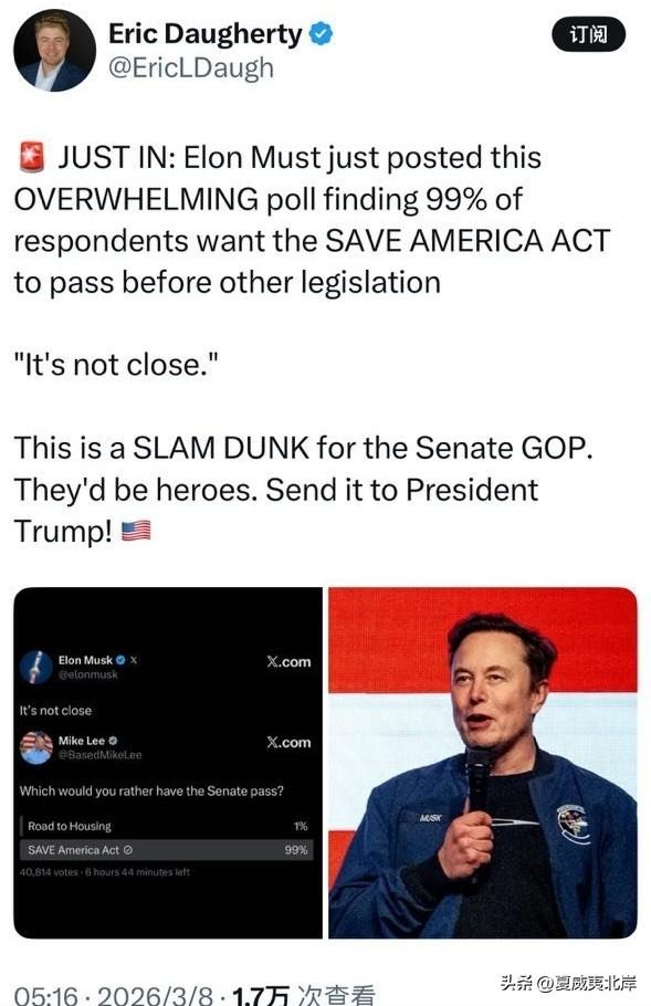 🚨 最新消息：马斯克刚刚发布了这一压倒性的投票结果，99%的受访者希望《拯救美
