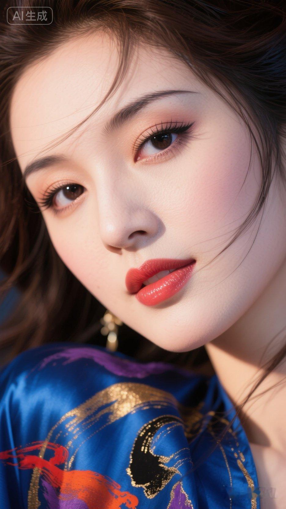 惊艳的东方美人，红唇与蓝衣相映成趣，尽显优雅与神秘。