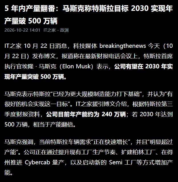 马斯克：2030年实现产量突破500万。特斯拉2025在国内市场销量62.6万辆