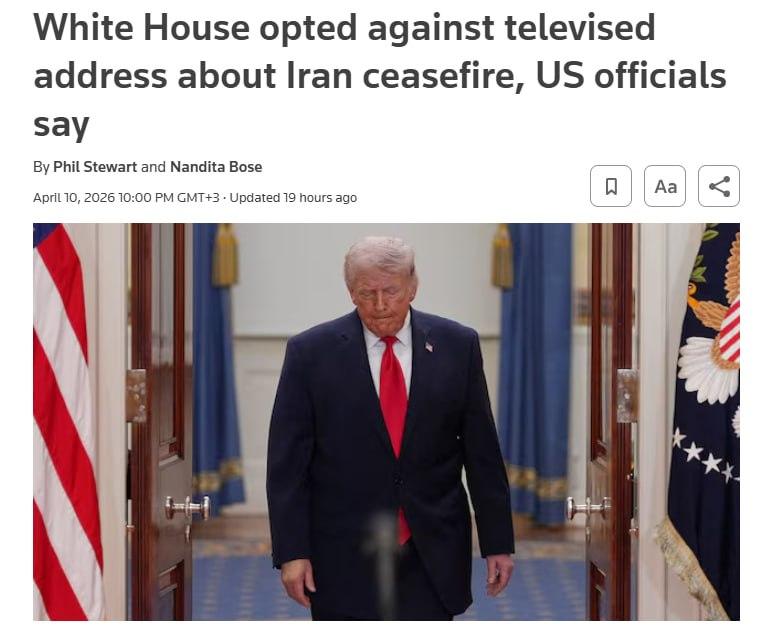 据路透社报道，特朗普原本计划就伊朗停火事宜发表全国电视讲话，却被白宫顾问成功劝阻