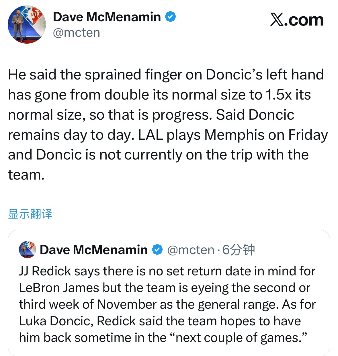 东契奇左手扭伤的手指已从正常尺寸的两倍消肿至1.5倍，这是好转的迹象。东契奇目前