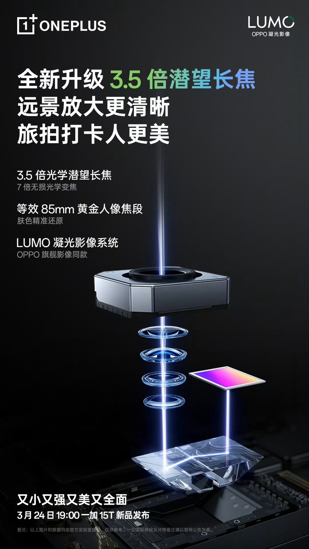 一加15T的影像：LUMO 凝光影像系统，3.5 倍潜望长焦，标配OIS光学防抖
