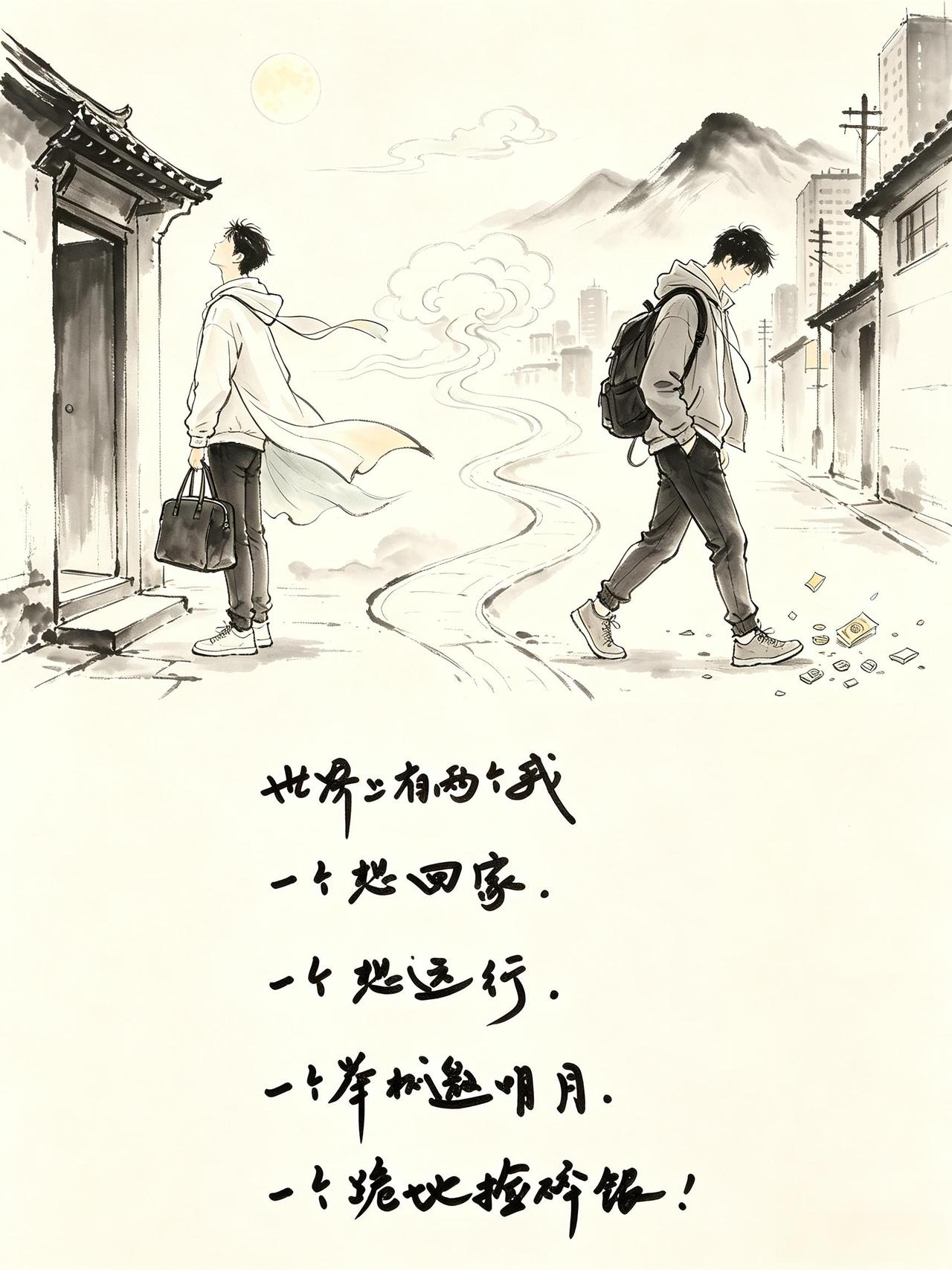 世界上有两个我，一个想回家，一个想远行，一个举杯邀明月，一个跪地捡碎银！