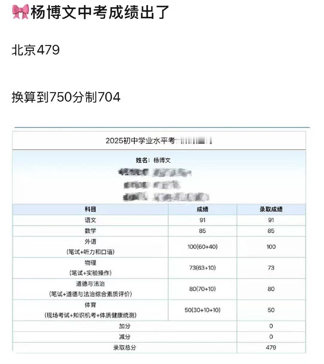 李飞恭喜杨博文杨博文丰台区排名第79追星追上学霸了！TF家族练习生杨博文中考47
