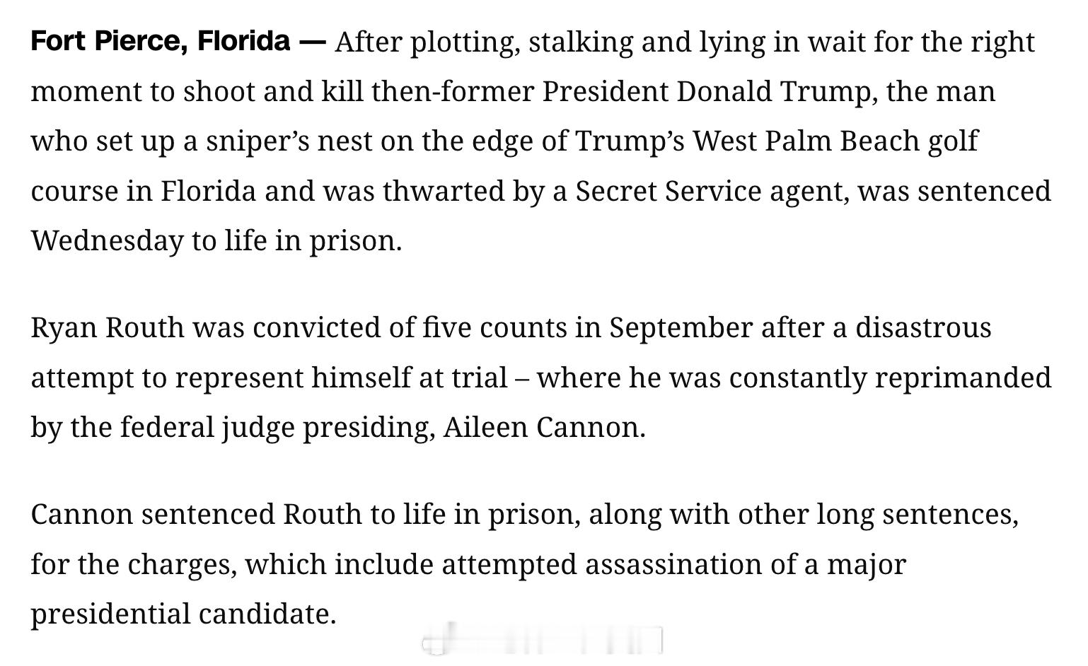 Ryan Routh因在2024年试图在佛罗里达高尔夫球场刺杀川普，今天被判终身