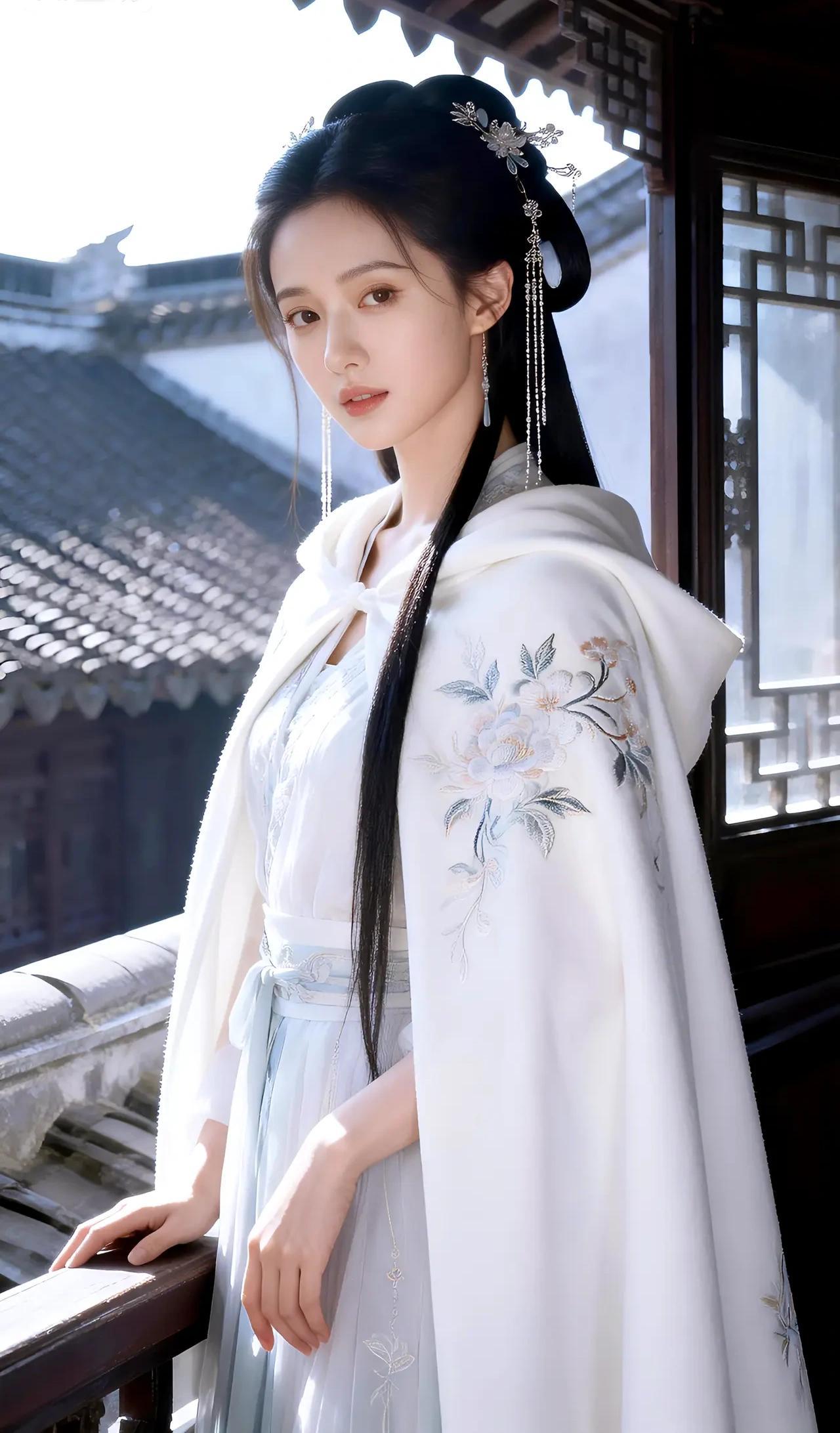 在这幅宛如天宫仙阙的画面中，一位绝世佳人悠然伫立，其姿容之美，足以令世间万物黯然