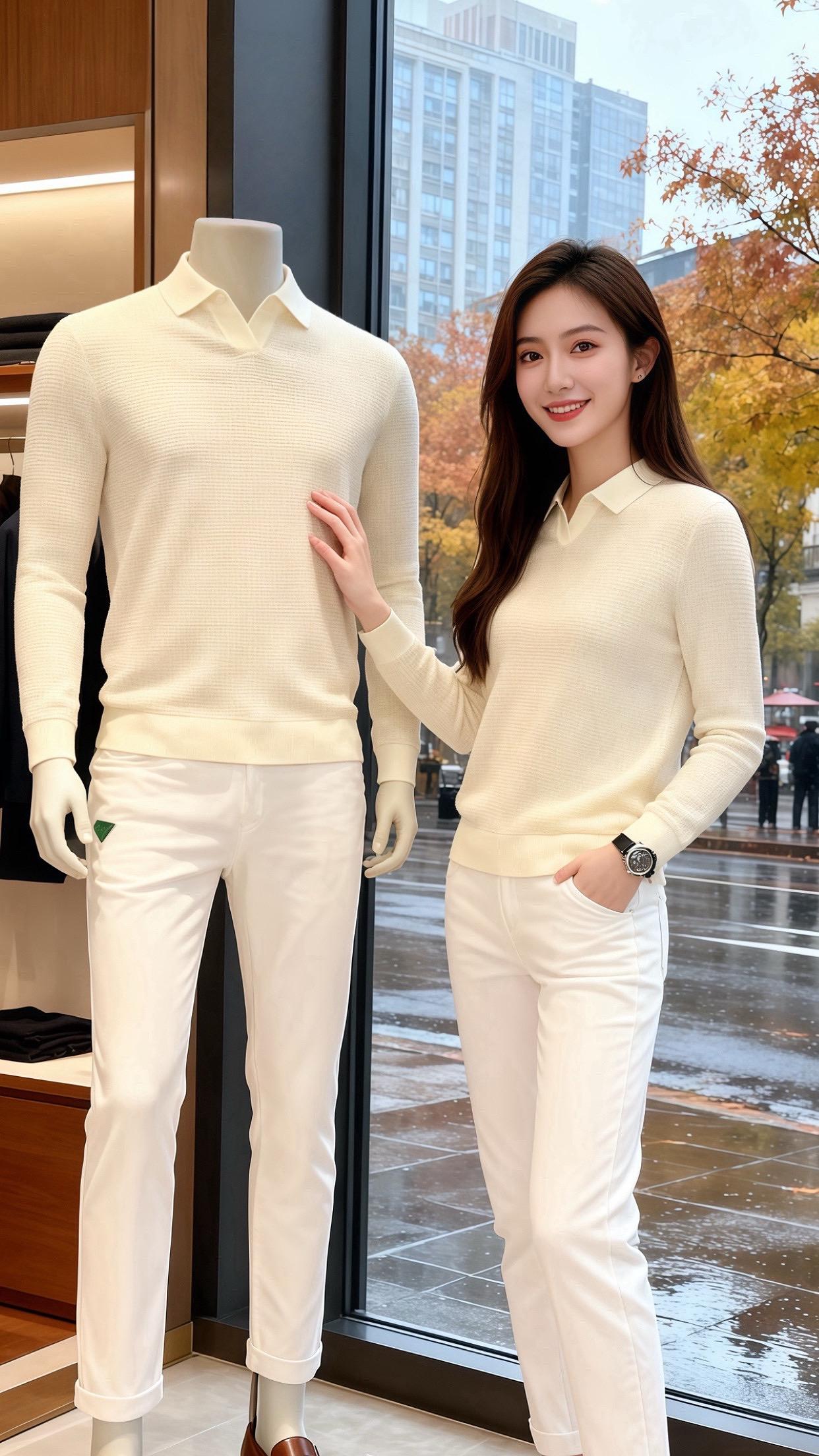 秋雨天的橱窗边，她像浸了层软雾的奶白。米白针织衫的肌理裹着肩线，pol...