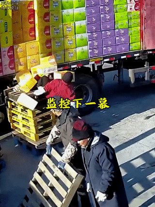 干活千万要注意安全啊！
一名正在卸车的人突然从货架上坠落下来！
看起来摔的不轻啊
