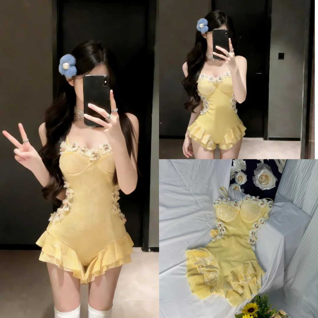 柠檬黄泳衣💛显白遮肉的法式复古裙