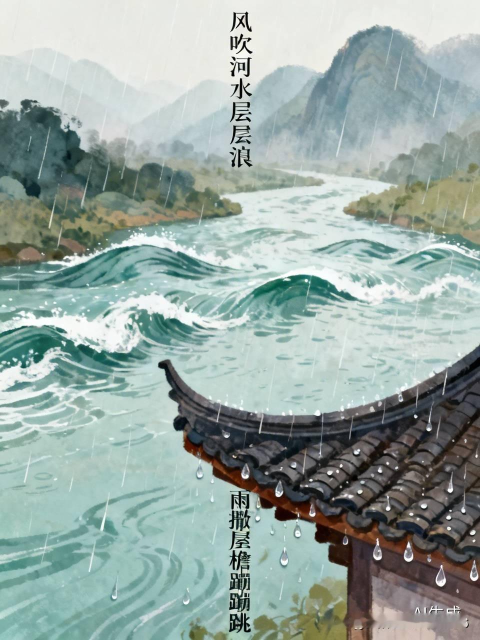 上联:风吹河水层层浪
下联:雨撒屋檐蹦蹦跳