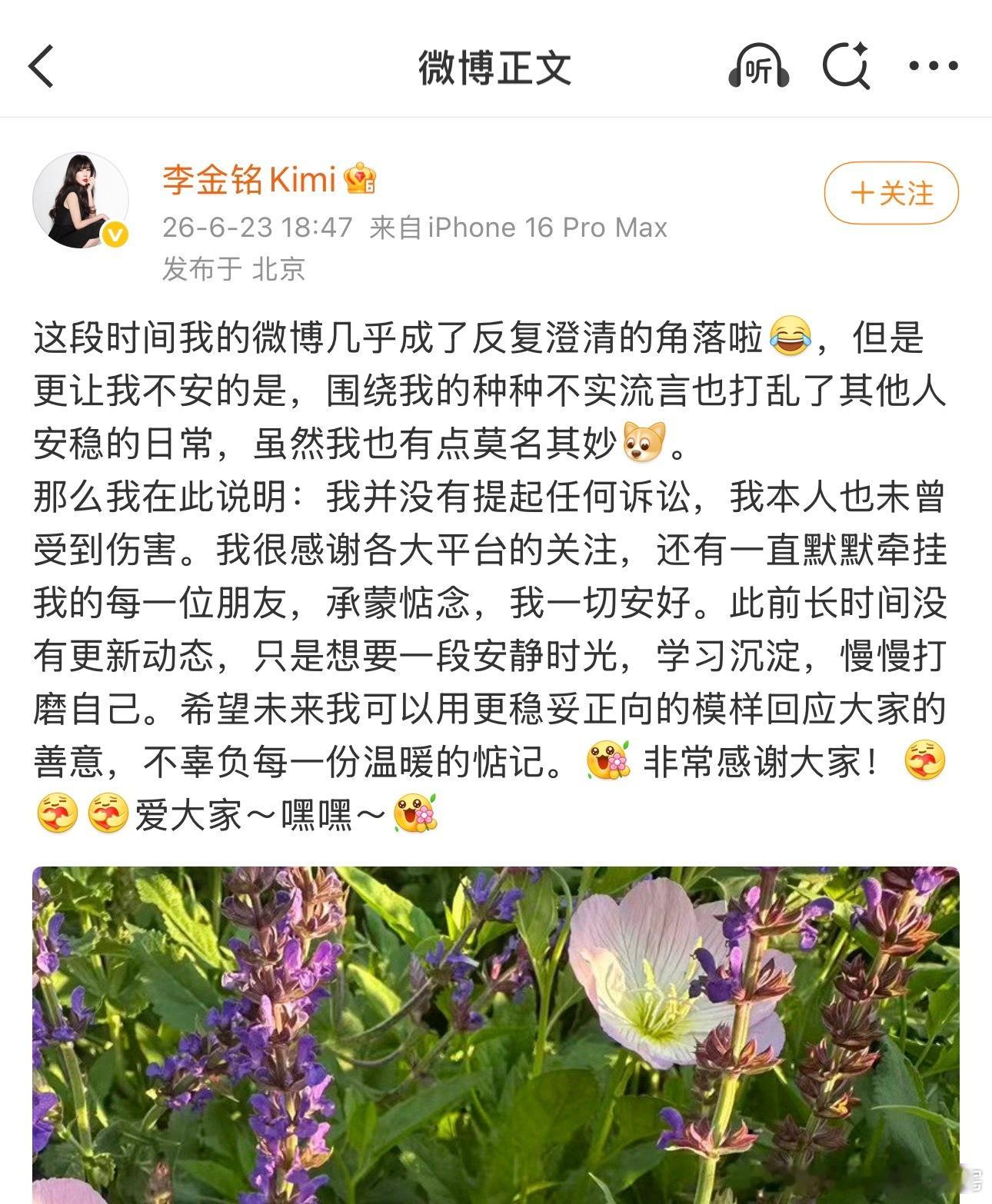 李金铭否认提起诉讼李金铭澄清近期围绕她的不实流言，并回应公众对她长时间未更新动态