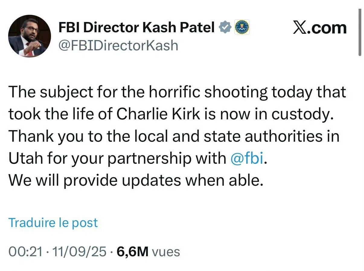 FBI总管卡什帕特尔通告，射杀查理柯克的凶手已经收监

卡特帕什尔：

今天夺走