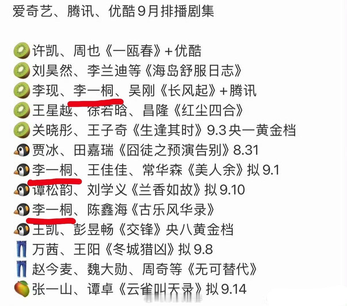 四个平台的9月排播，李一桐要一个月抬三部剧啊 ​​​