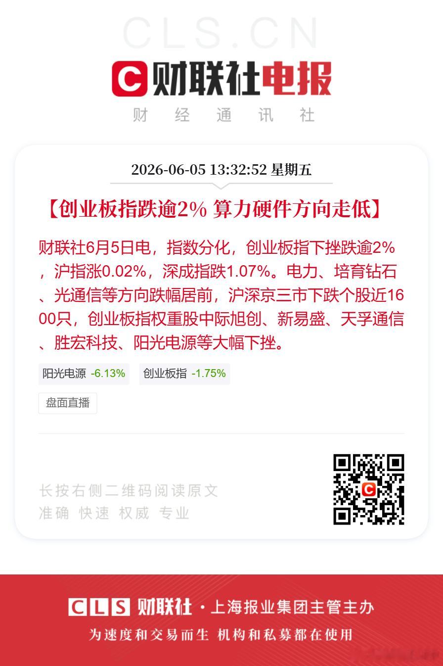 【创业板指跌逾2% 算力硬件方向走低】财联社6月5日电，指数分化，创业板指下挫跌