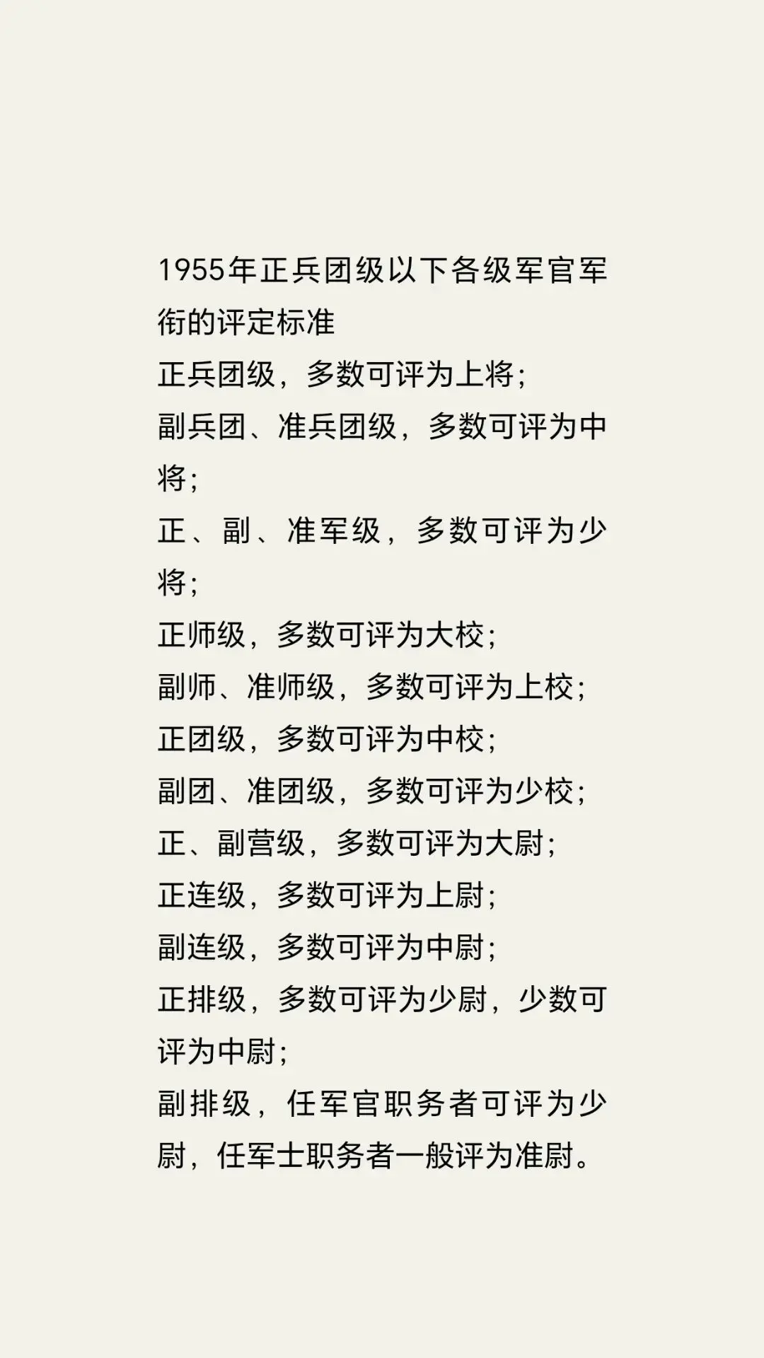 1955年正兵团级以下各级军官军衔的评定标准