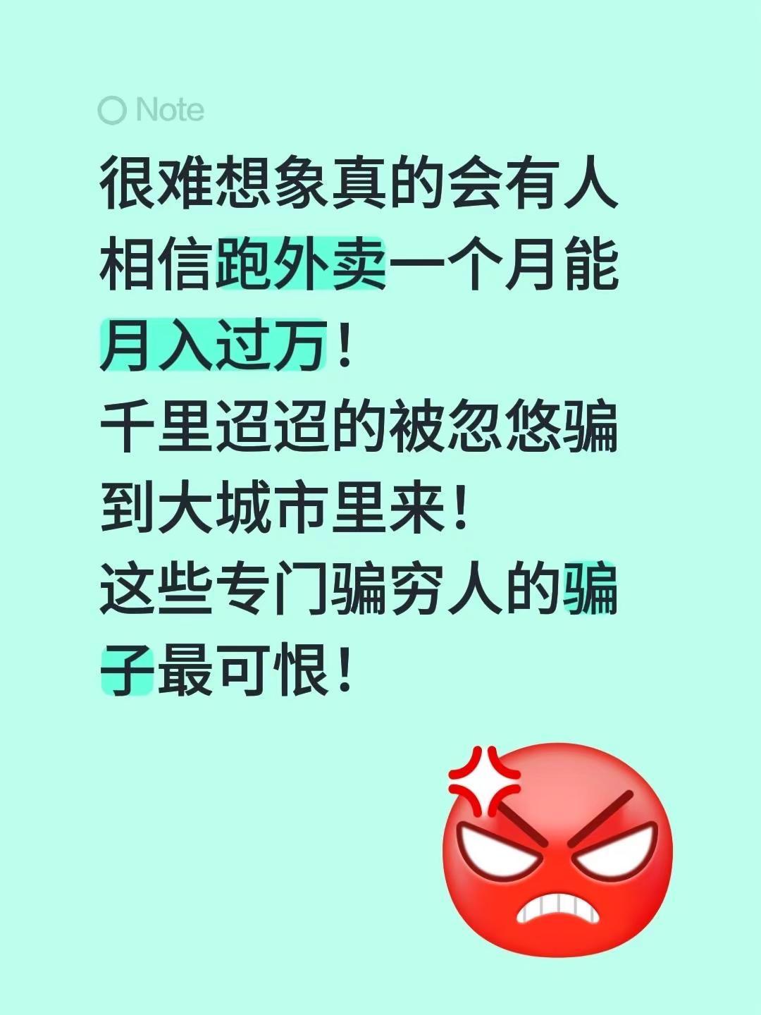 很难想象真的会有人相信跑外卖一个月能月入过万！千里迢迢的被忽悠骗到大城市里来！这