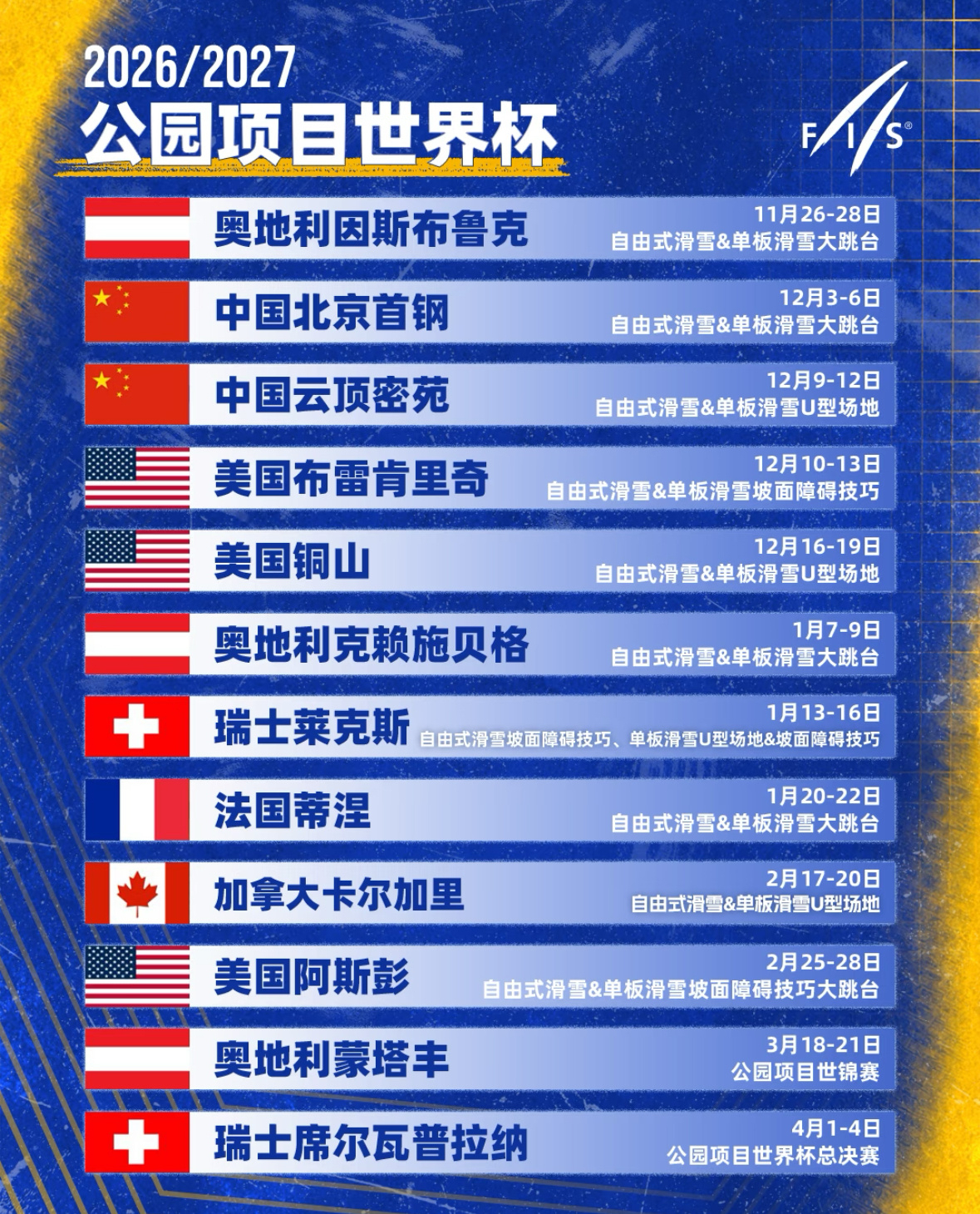 #谷爱凌苏翊鸣新赛季世界杯赛程# 公布2026/27赛季公园项目世界杯赛程，11