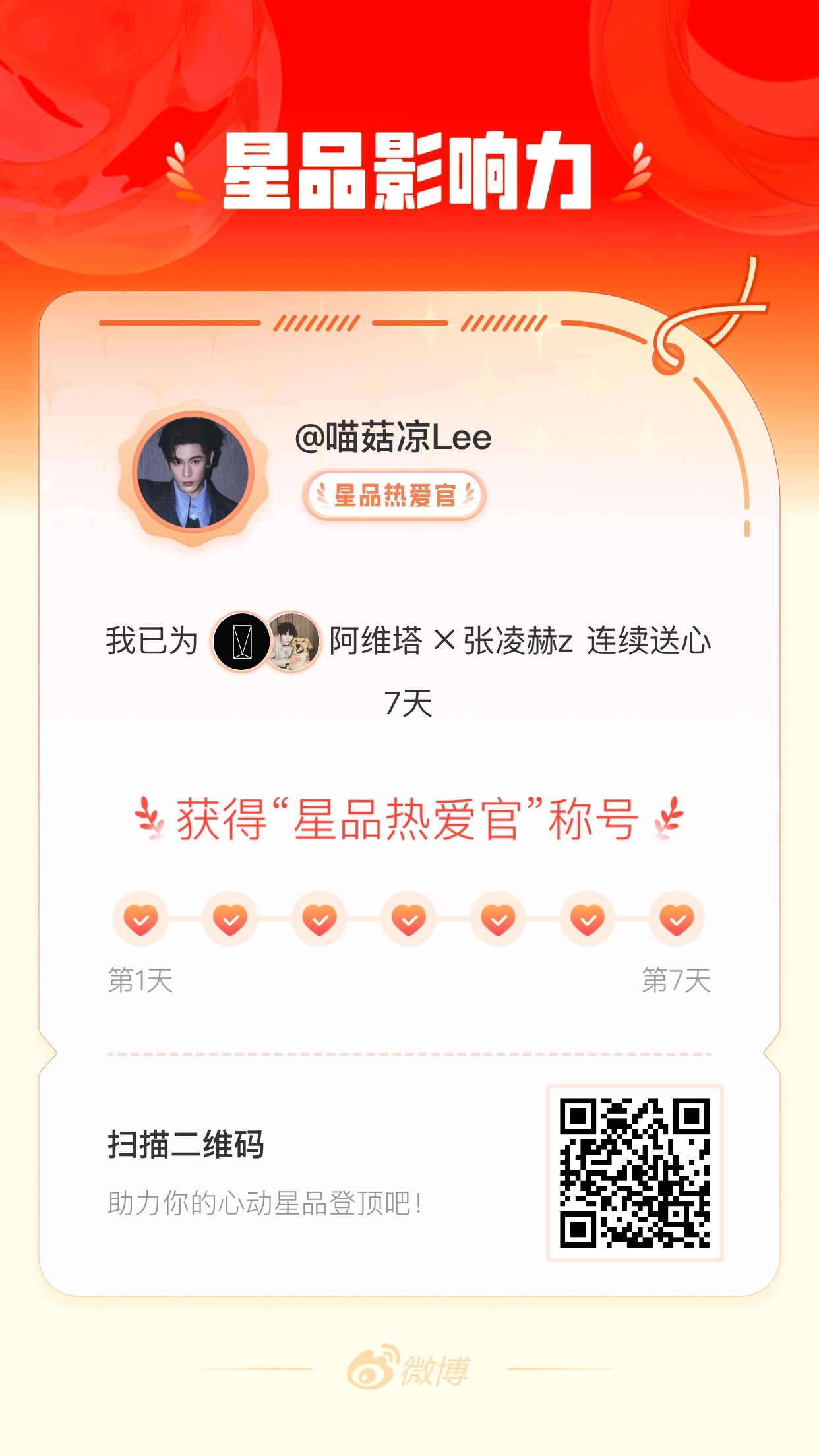 我在星品影响力上为 X 连续送心7天，获得“星品热爱官”称号！快来一起pick你