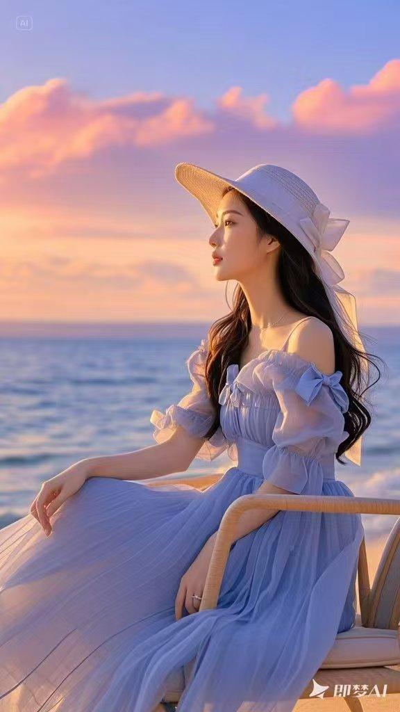 清晨站在海边，远处旭日正缓缓升起，将天空染成一片绚烂。身着紫色梦幻长裙，在海风的