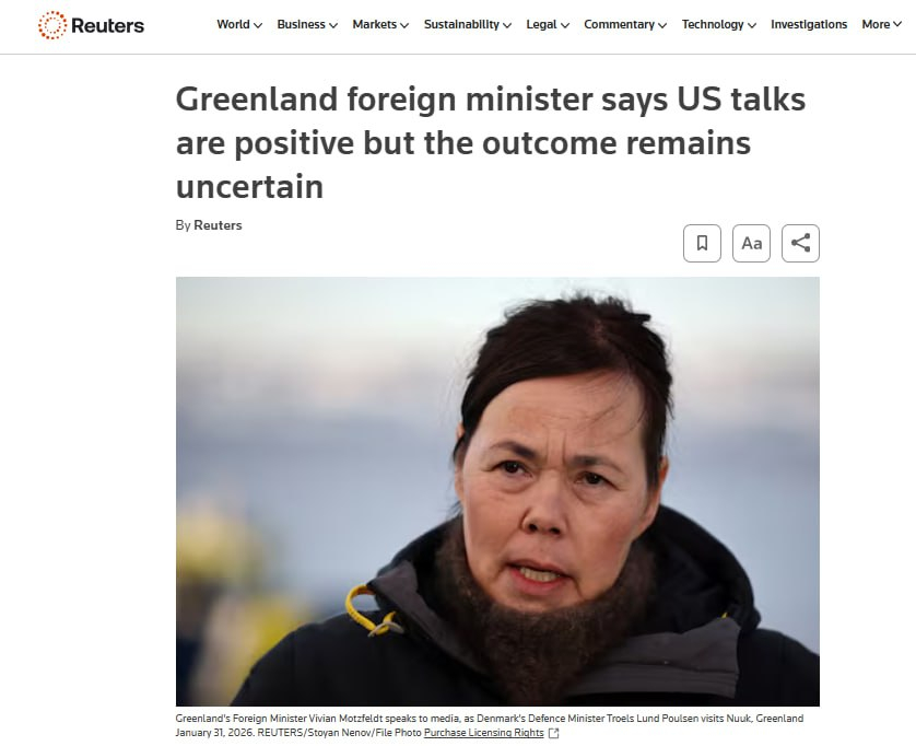 格陵兰岛外交部长表示，与美国的谈判进展顺利，但结果尚不确定 — 路透社。格陵兰岛