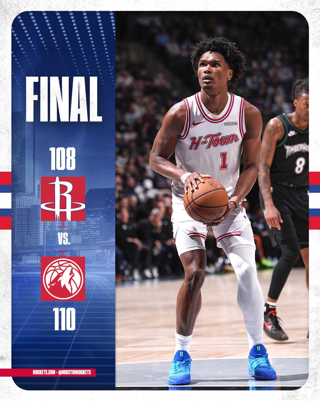 全场比赛结束火箭108-110森林狼杜兰特30分3板8助2断、申京30分6板3助