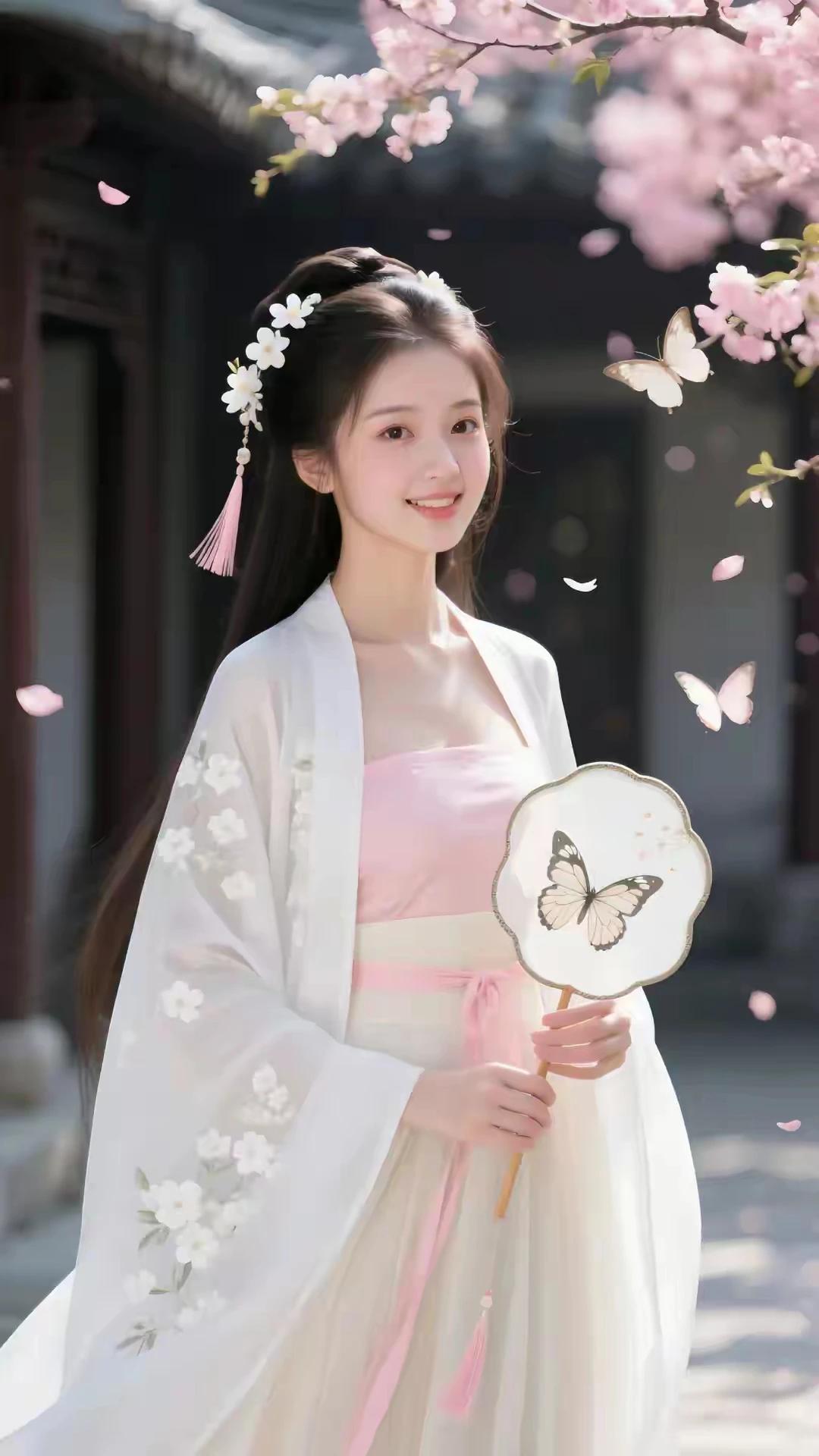 清水出芙蓉，天然去雕饰。
粉白汉服，尽显温柔。
眉清目秀，美若冠玉。
冰肌玉虎，