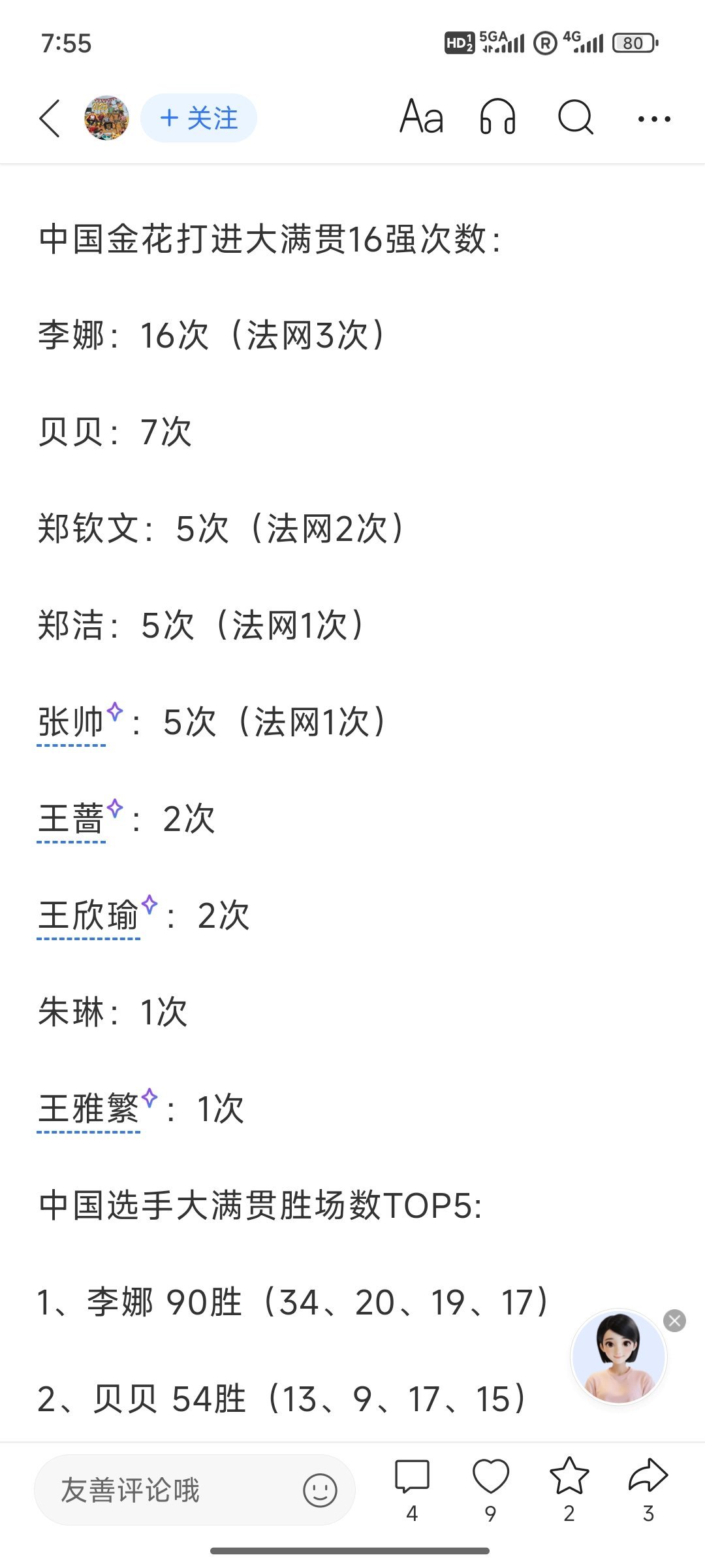 仅次于李娜和贝贝 ​​​