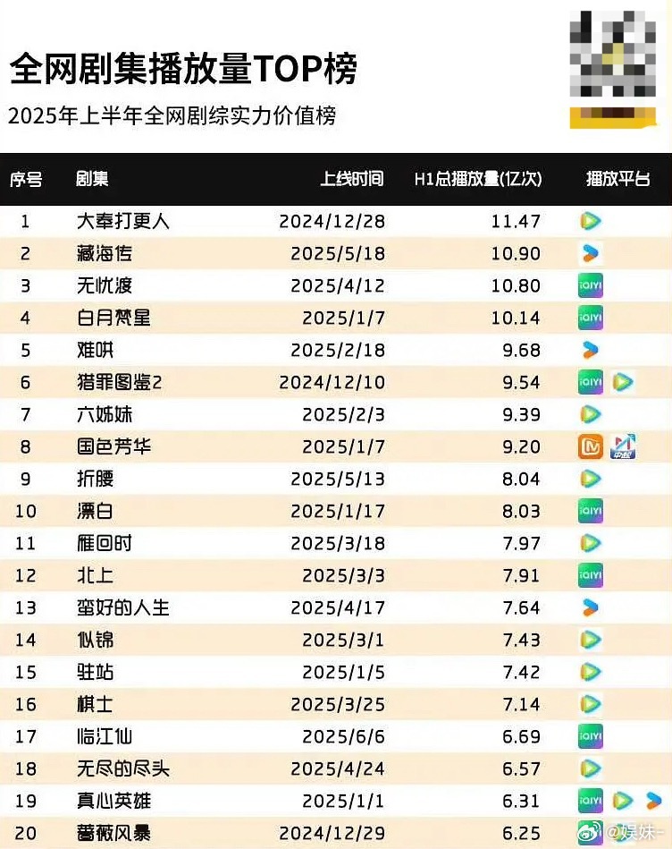 2025年上半年全网剧综实力价值榜《无忧渡》 ​​​